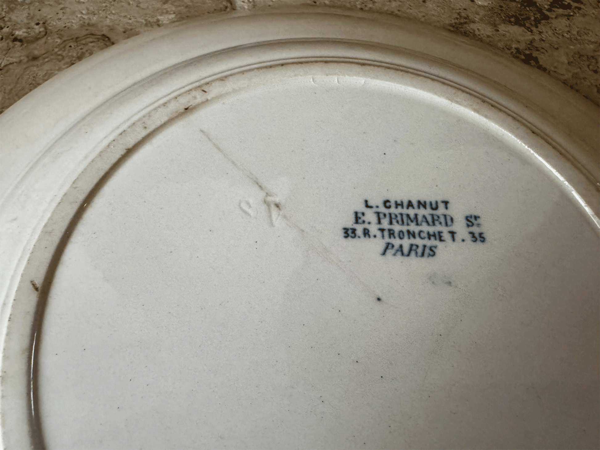 antique chippy buttery terre de fer large ironstone soup bowl dark blue transferware monogram