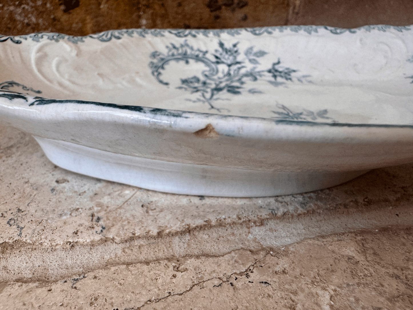 antique french teal green blue transferware ironstone terre de fer ravier dish boulenger