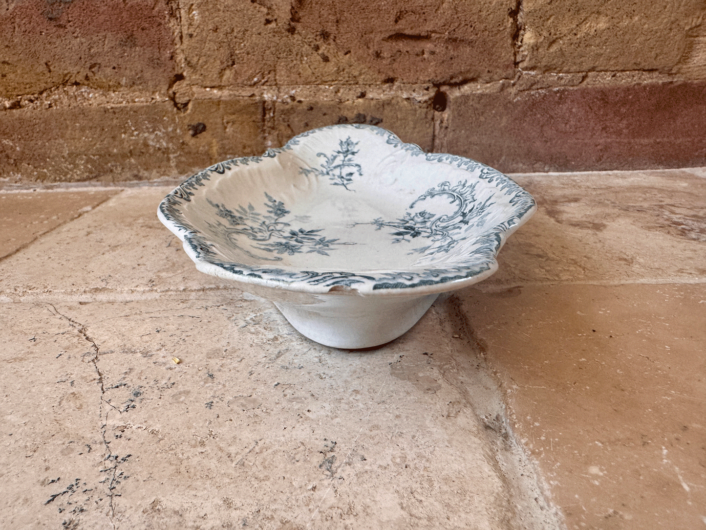 antique french teal green blue transferware ironstone terre de fer ravier dish boulenger