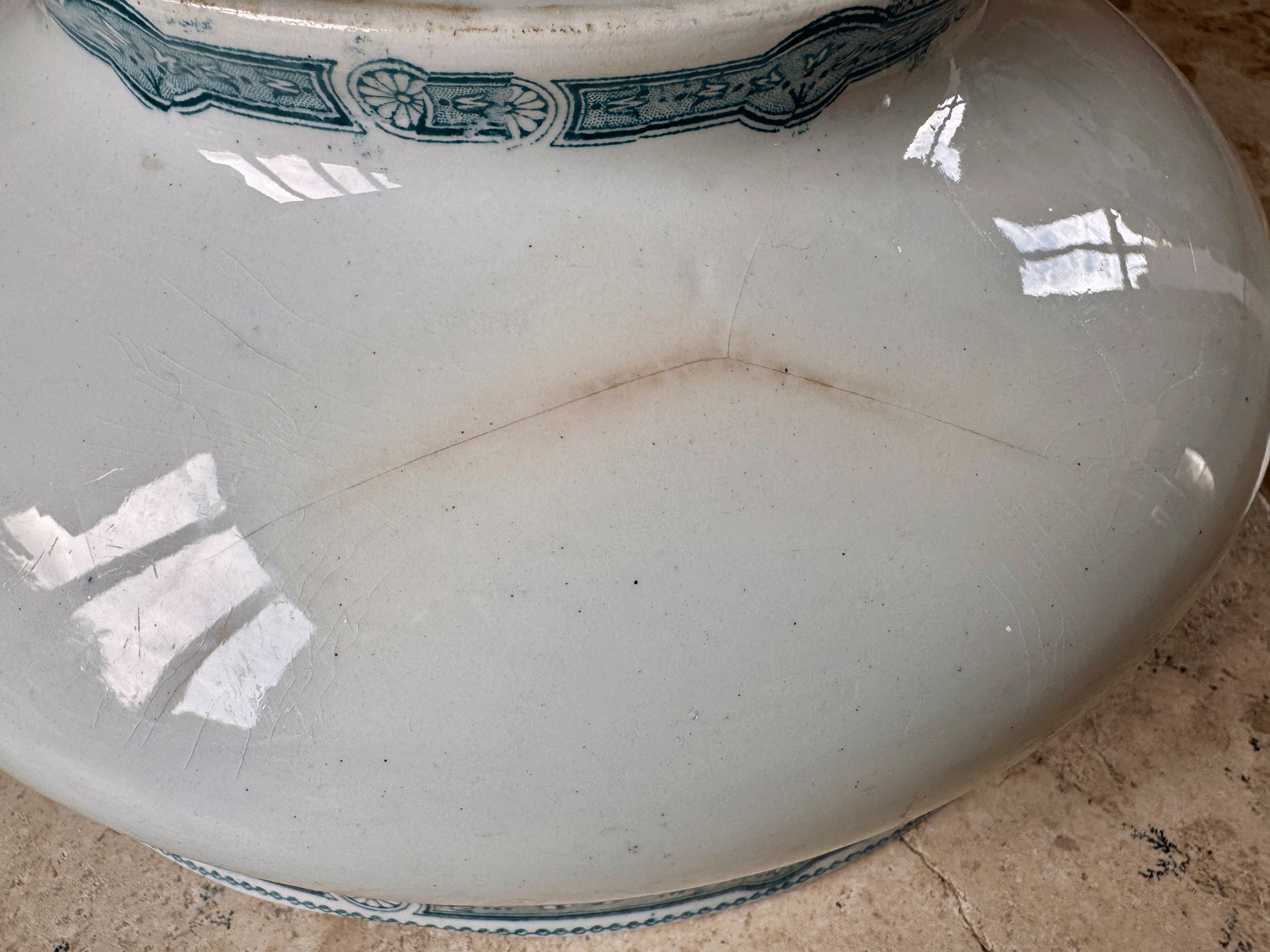 antique french large white ironstone terre de fer saladier serving bowl teal green transferware provence moulin loups hamage