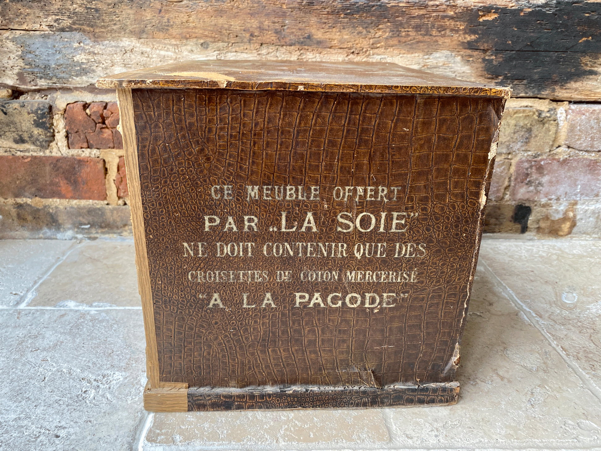 antique french chippy weathered vintage mercerie haberdashery shop advertising box silks cottons la soie la pagode