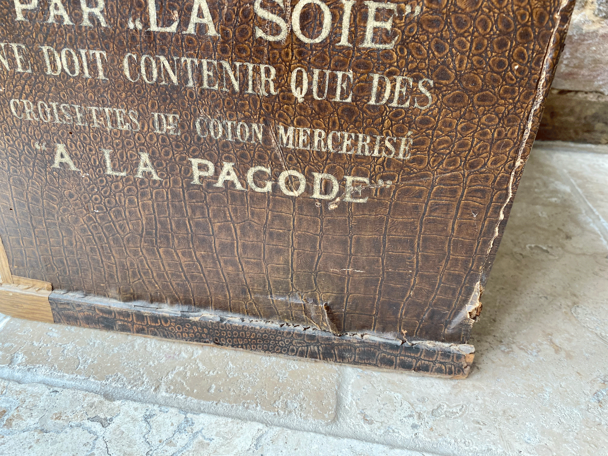 antique french chippy weathered vintage mercerie haberdashery shop advertising box silks cottons la soie la pagode