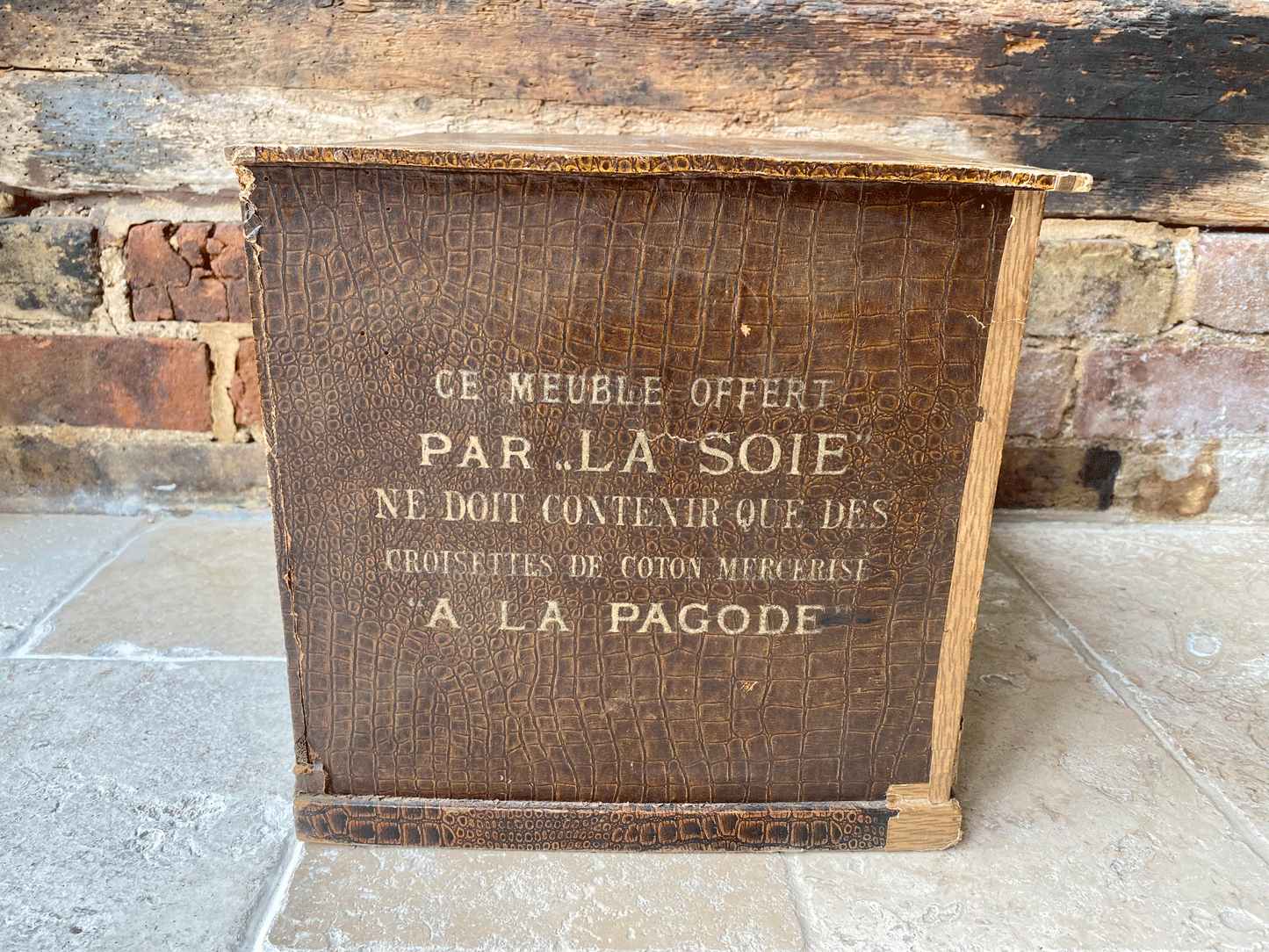 antique french chippy weathered vintage mercerie haberdashery shop advertising box silks cottons la soie la pagode