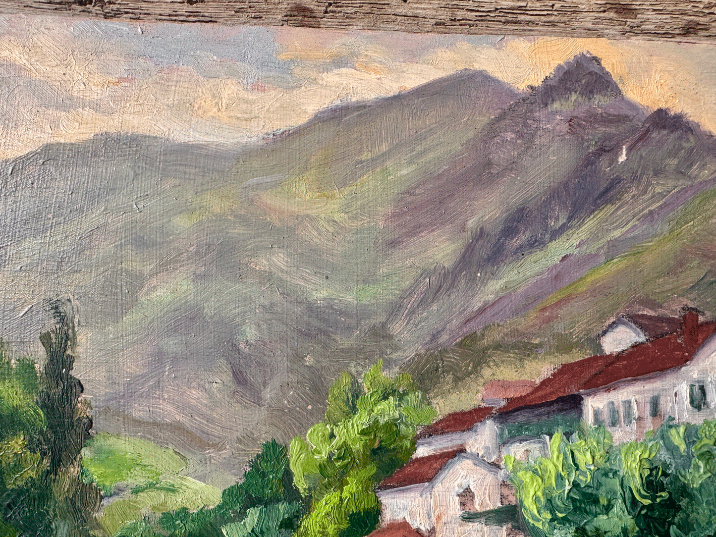 antique french oil painting board signed gaston moreau known artist landscape mountains river