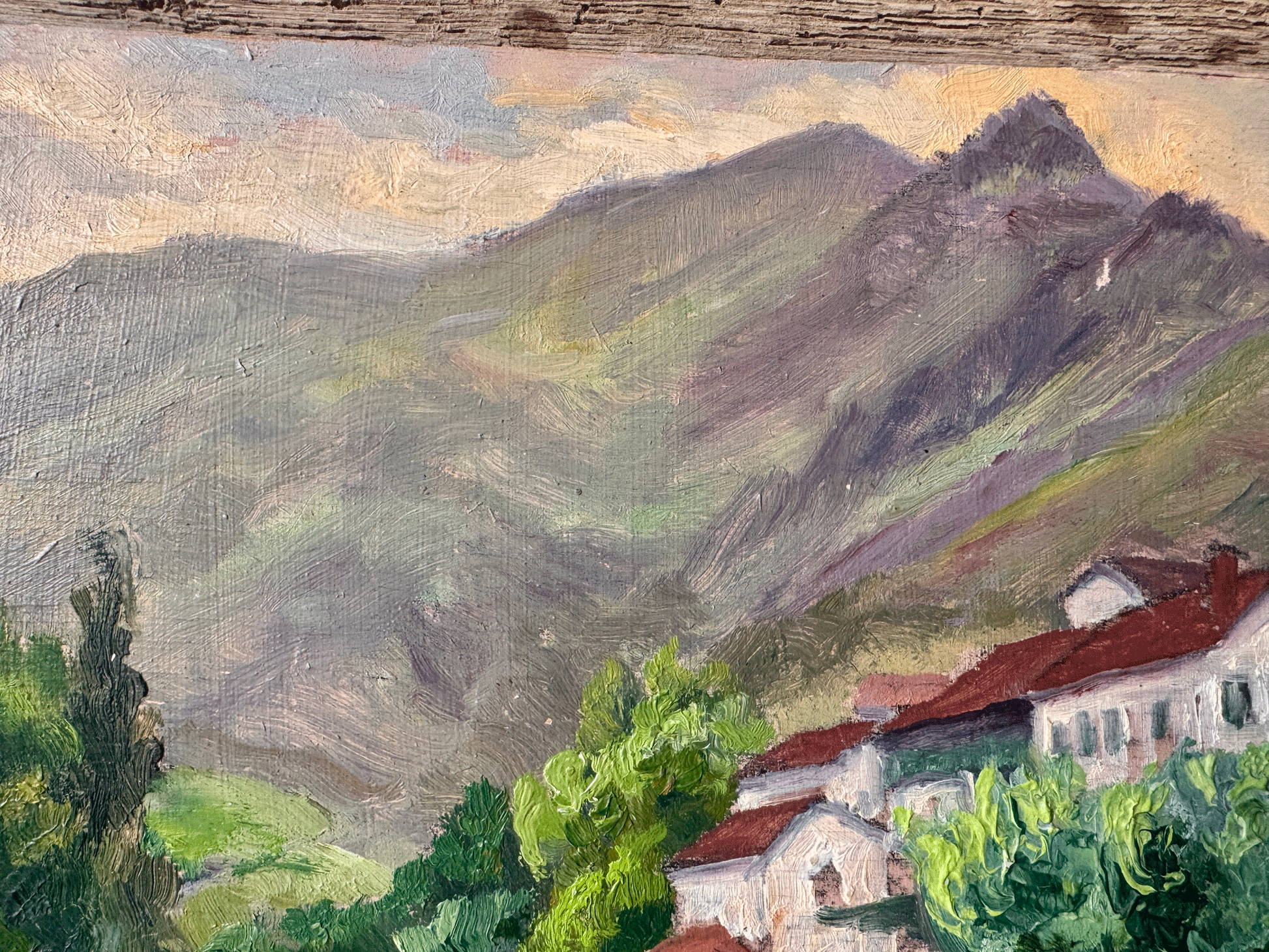 antique french oil painting board signed gaston moreau known artist landscape mountains river