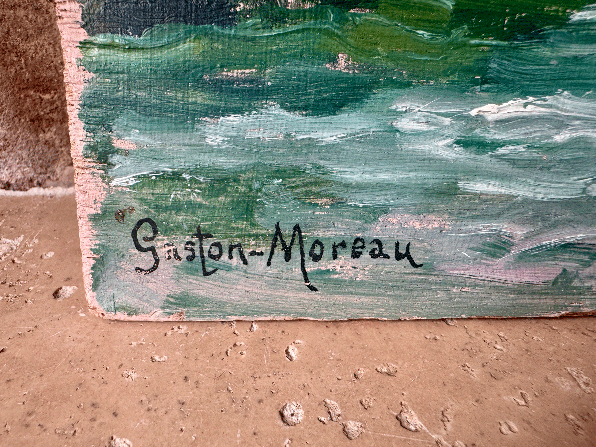 antique french oil painting board signed gaston moreau known artist landscape mountains river
