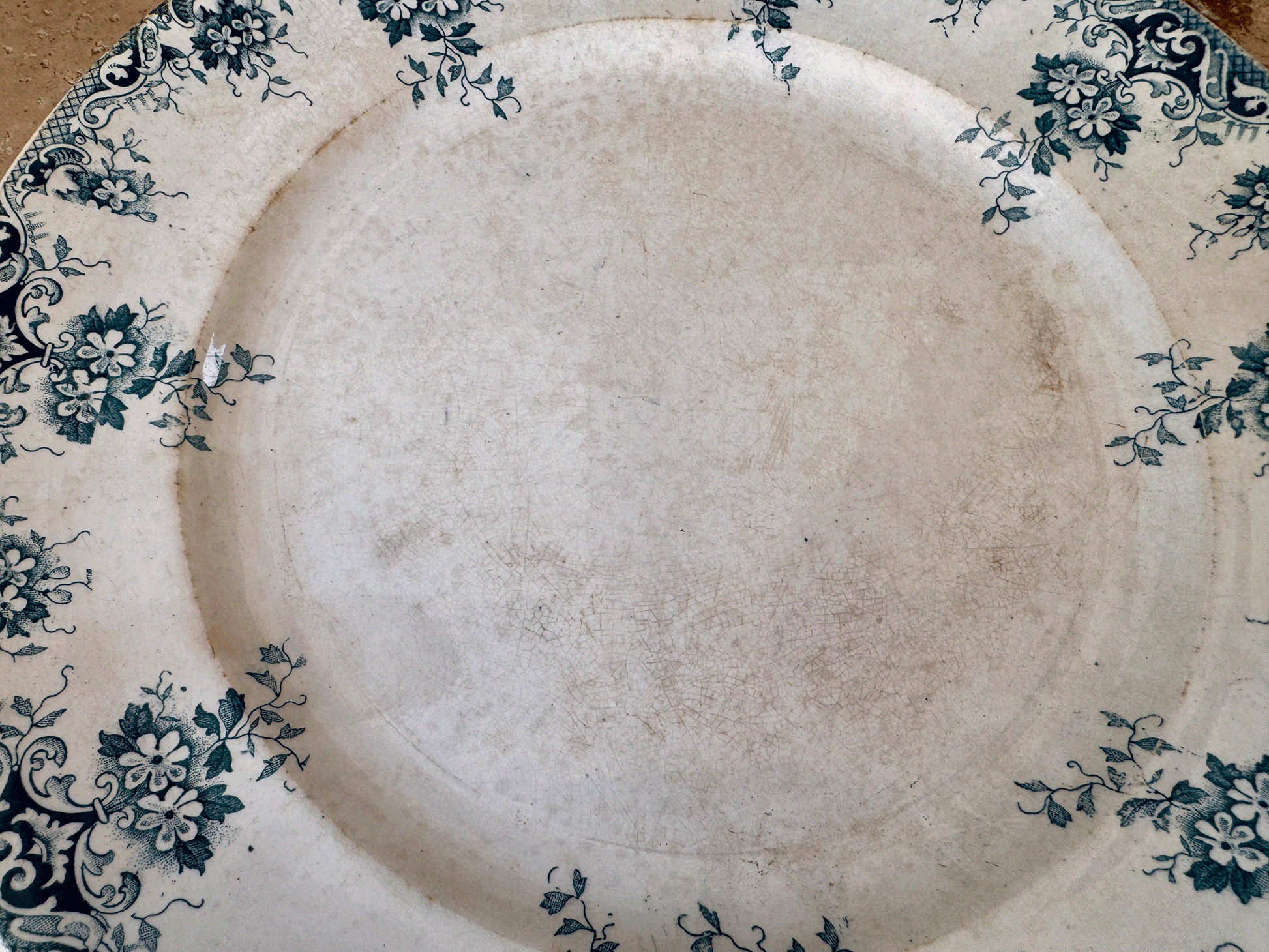 antique french large teal green blue transferware terre de fer ironstone platter floral st amand hamage border