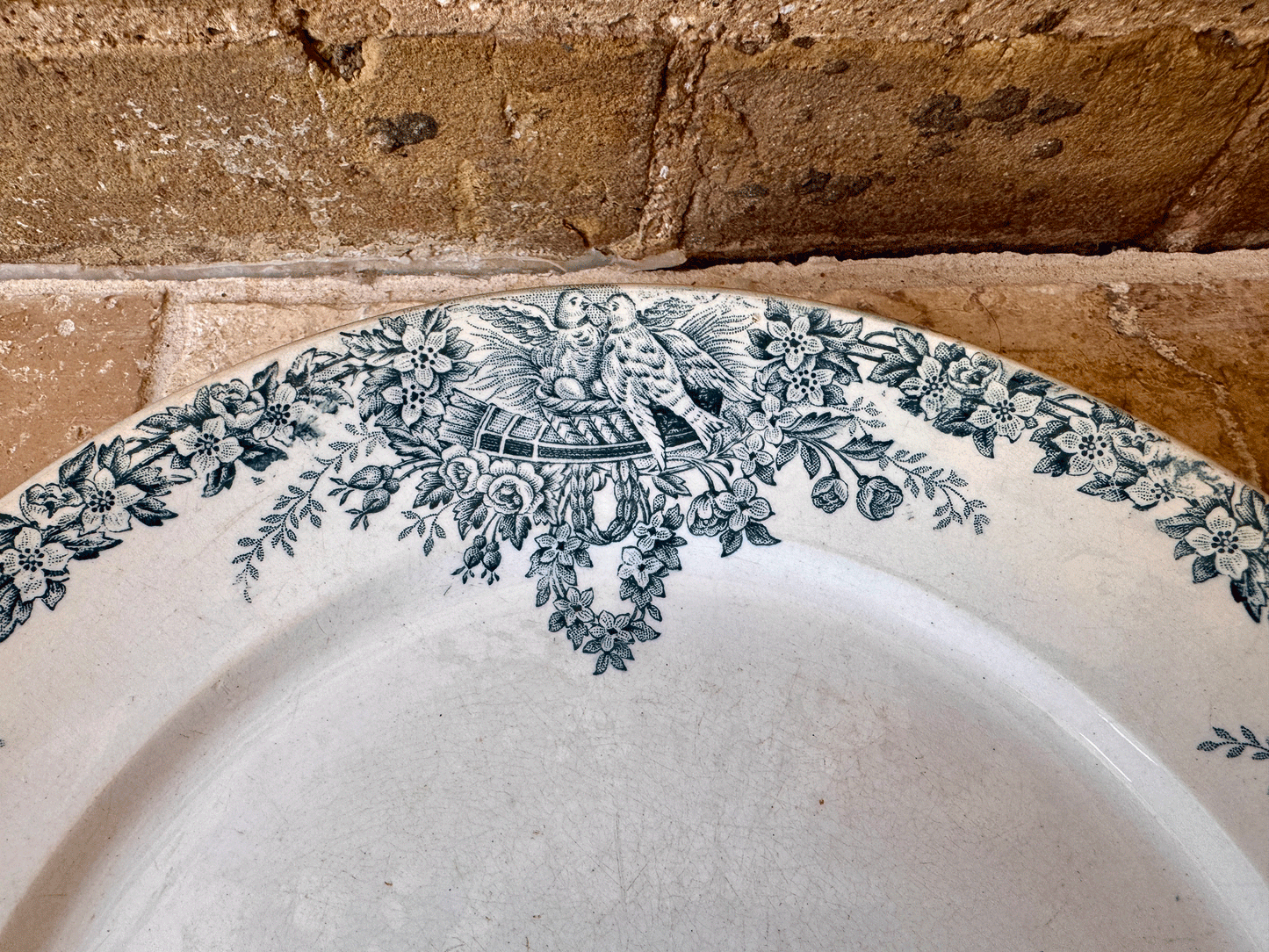 large antique french teal green blue transferware terre de fer ironstone platter lebacqz bouchart colombier birds