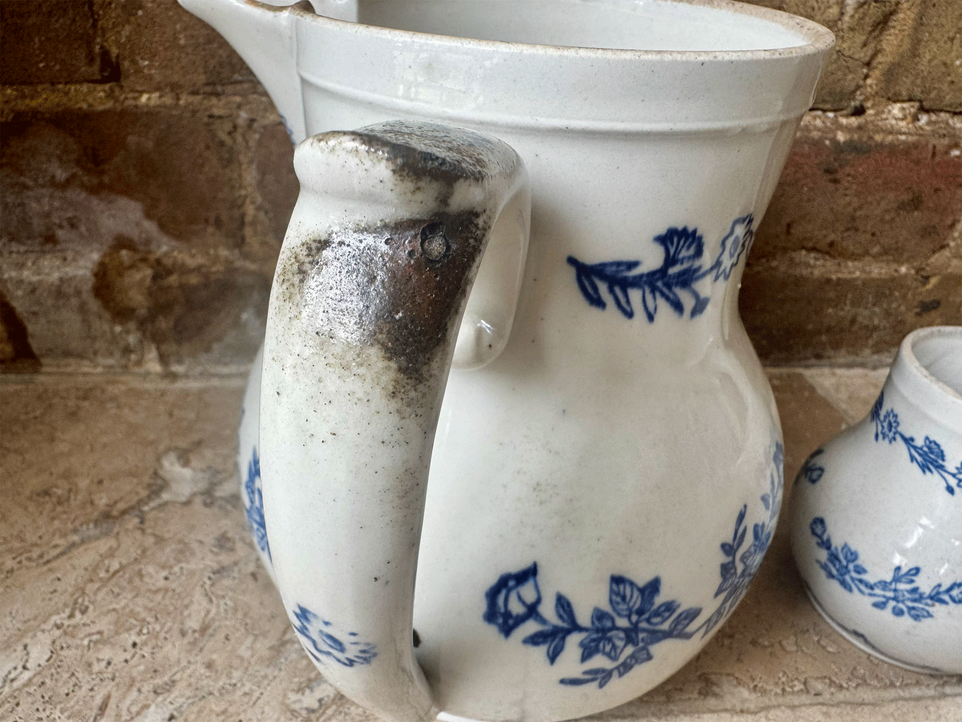 antique french blue white floral extra large small creamer pitcher jug