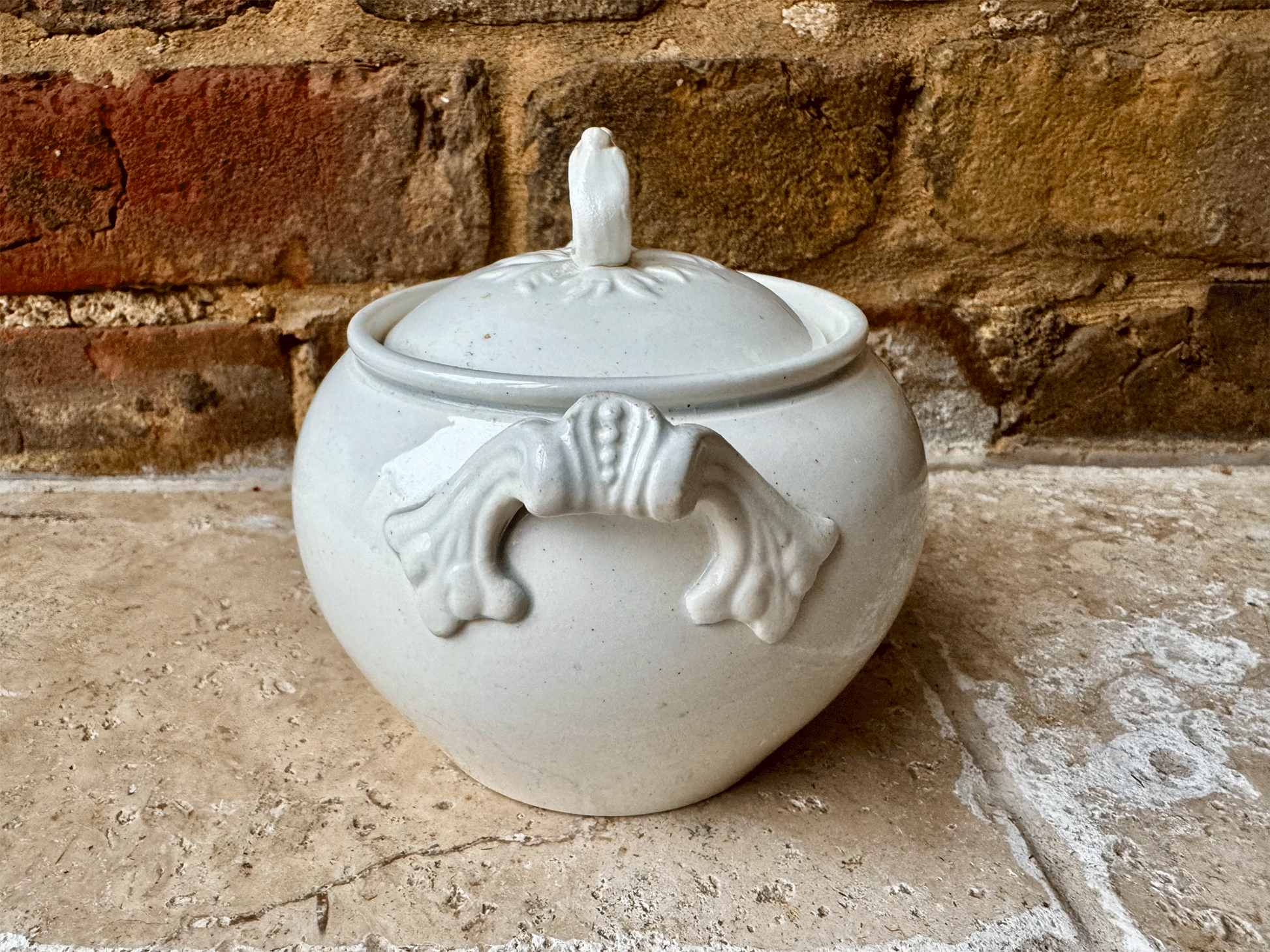 antique french plain white ironstone lidded sugar bowl