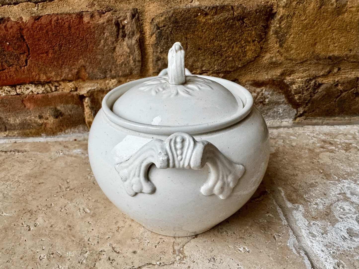 antique french plain white ironstone lidded sugar bowl