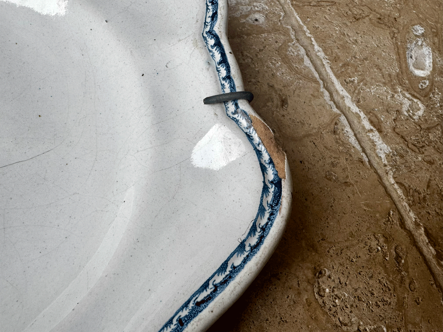 antique french large hand painted 19th century platter blue floral motif stapled repair