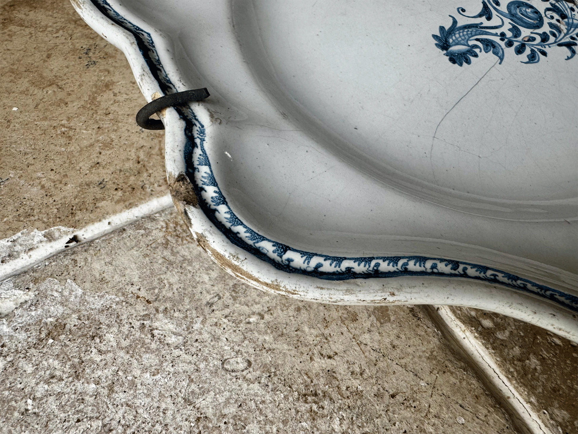 antique french large hand painted 19th century platter blue floral motif stapled repair