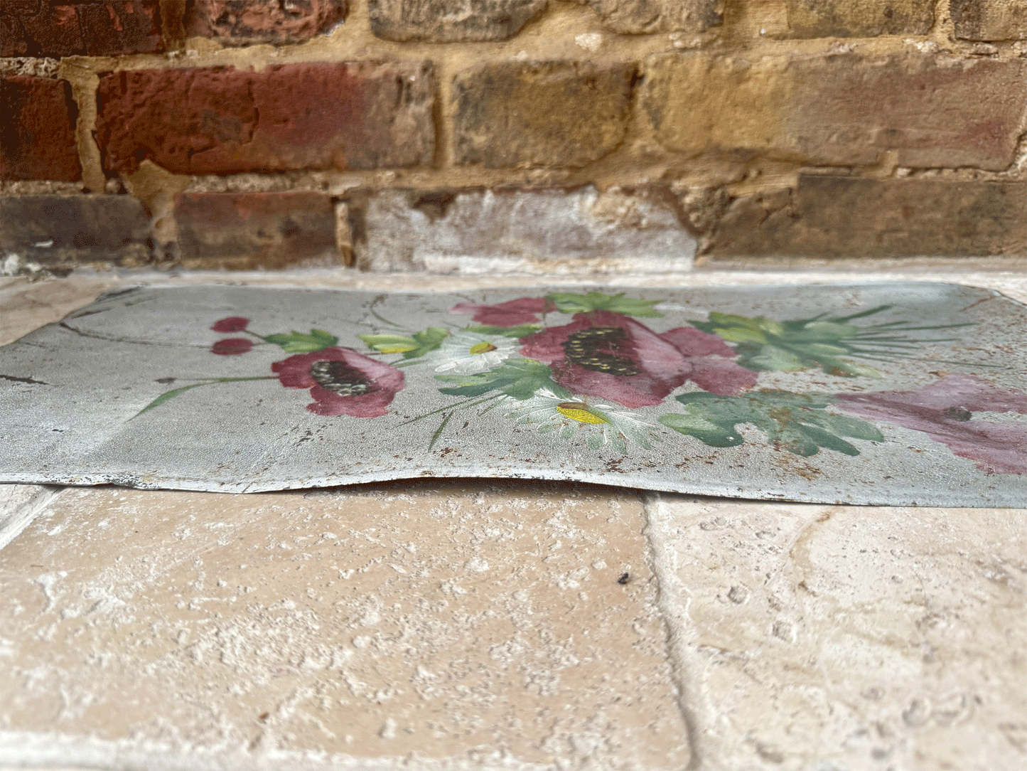 antique french oil painting toleware board florals poppies