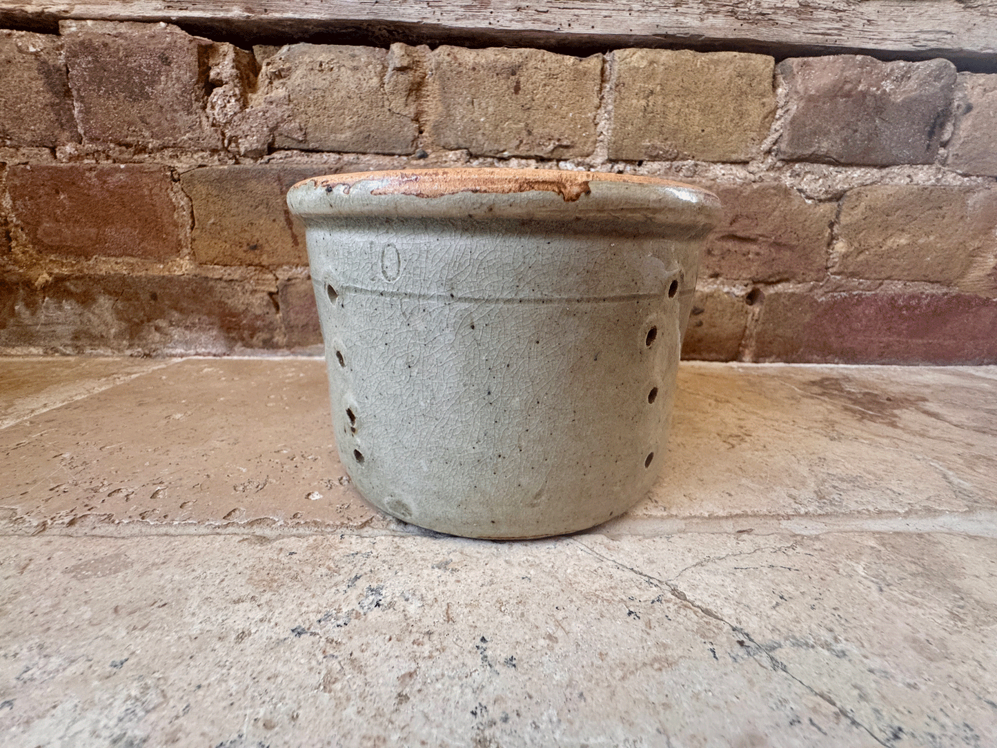 antique french large creamy grey rustic pierced faisselle cheese drainer