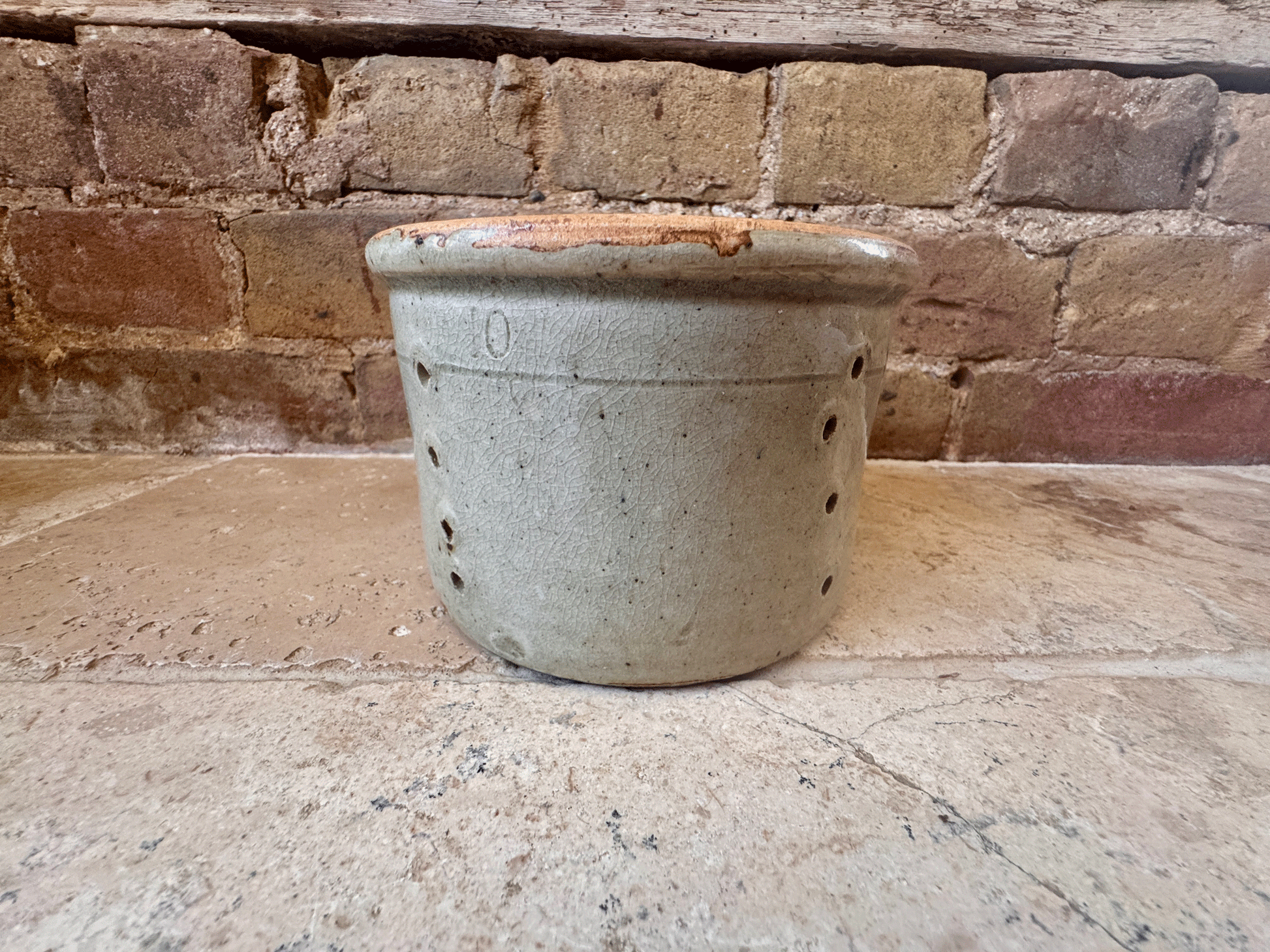 antique french large creamy grey rustic pierced faisselle cheese drainer