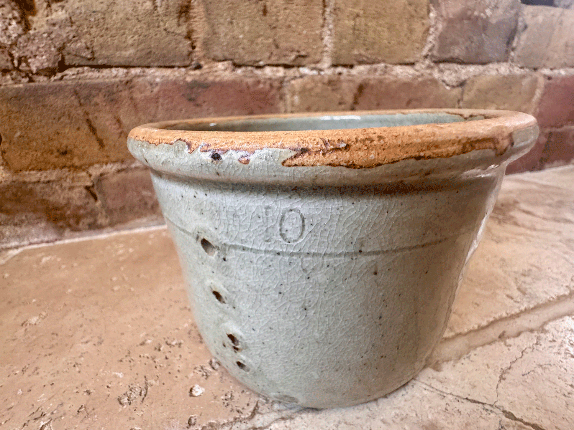 antique french large creamy grey rustic pierced faisselle cheese drainer