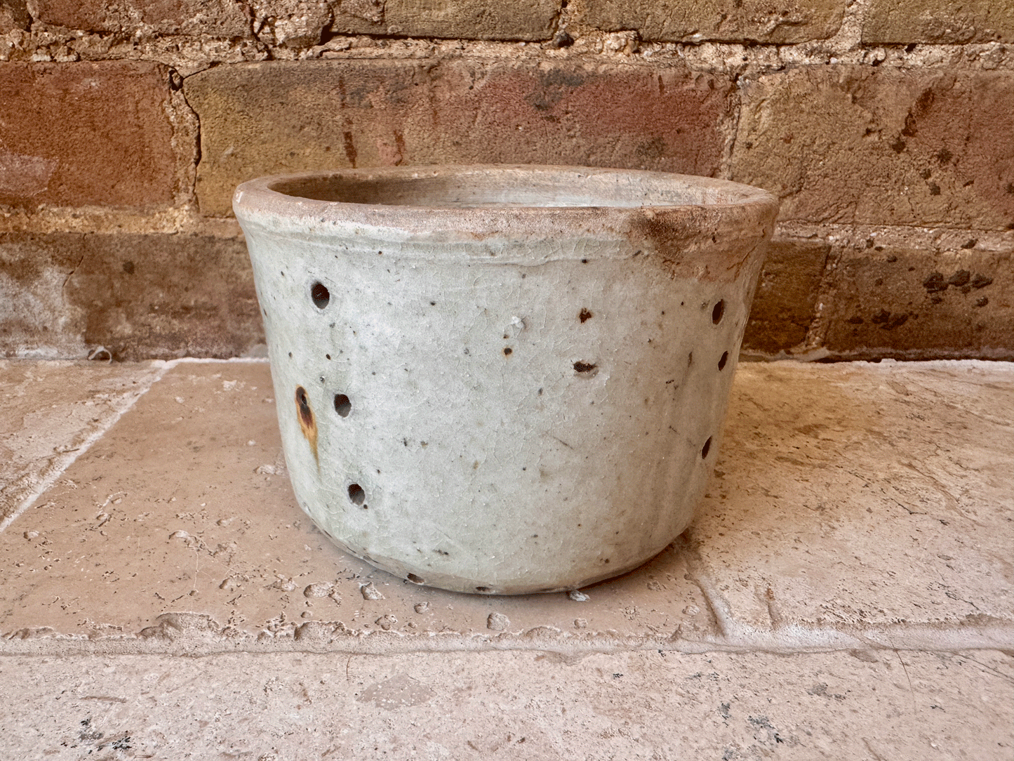 antique french 19th century large rustic stoneware pierced cheese drainer strainer mould faisselle