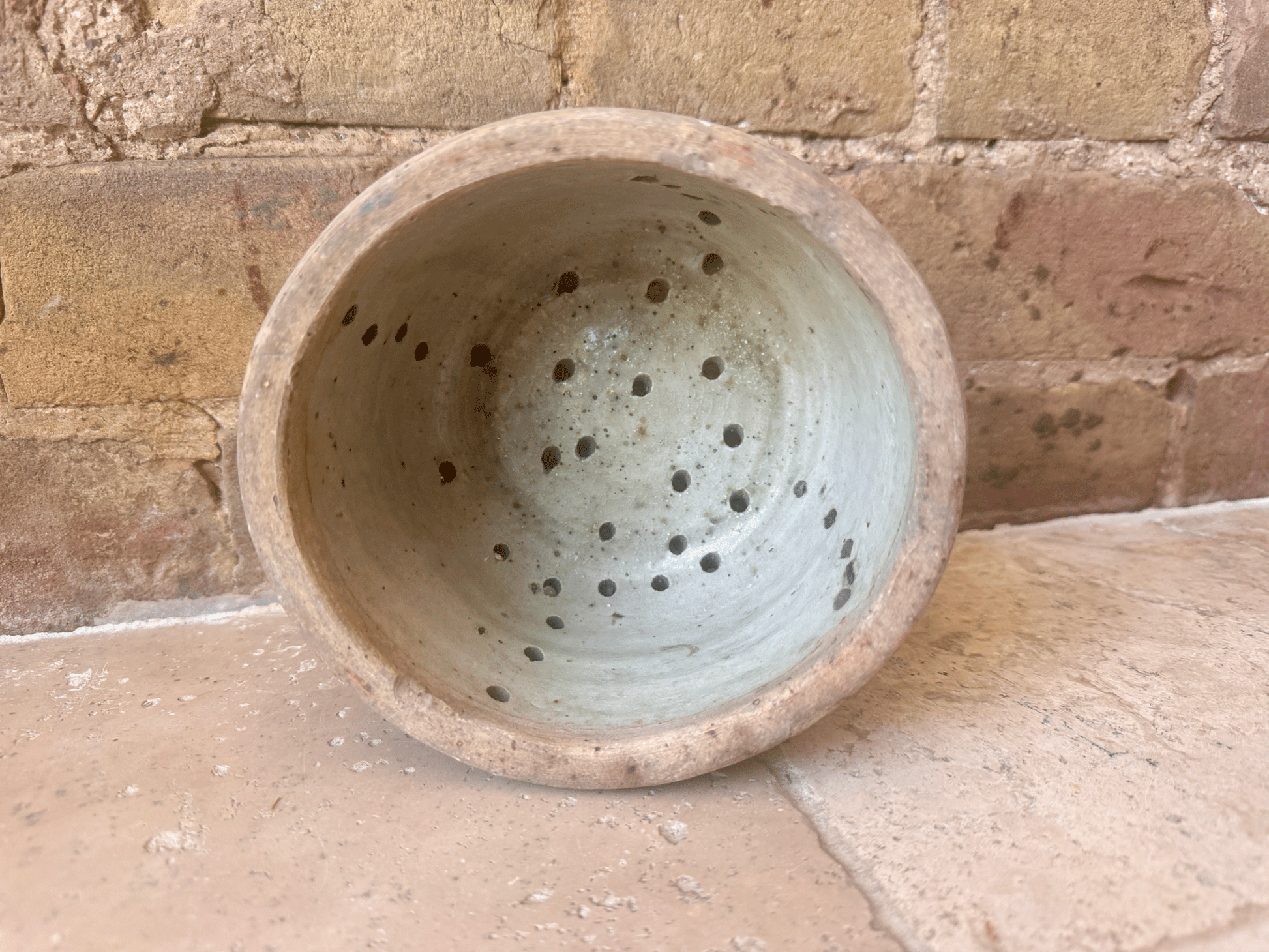 antique french 19th century large rustic stoneware pierced cheese drainer strainer mould faisselle