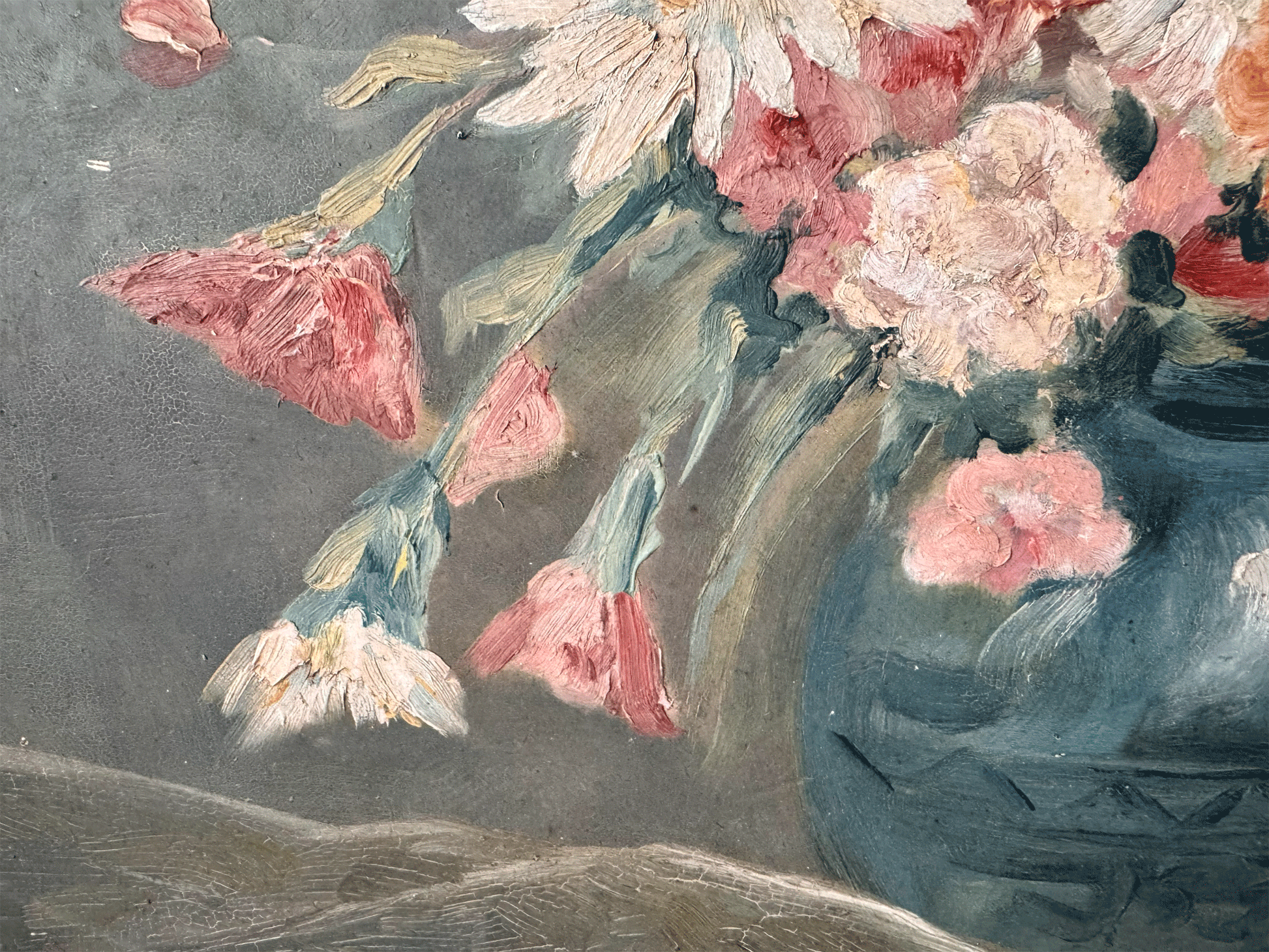 large signed antique french floral composition still life flowers blue vase sombre muted oil board