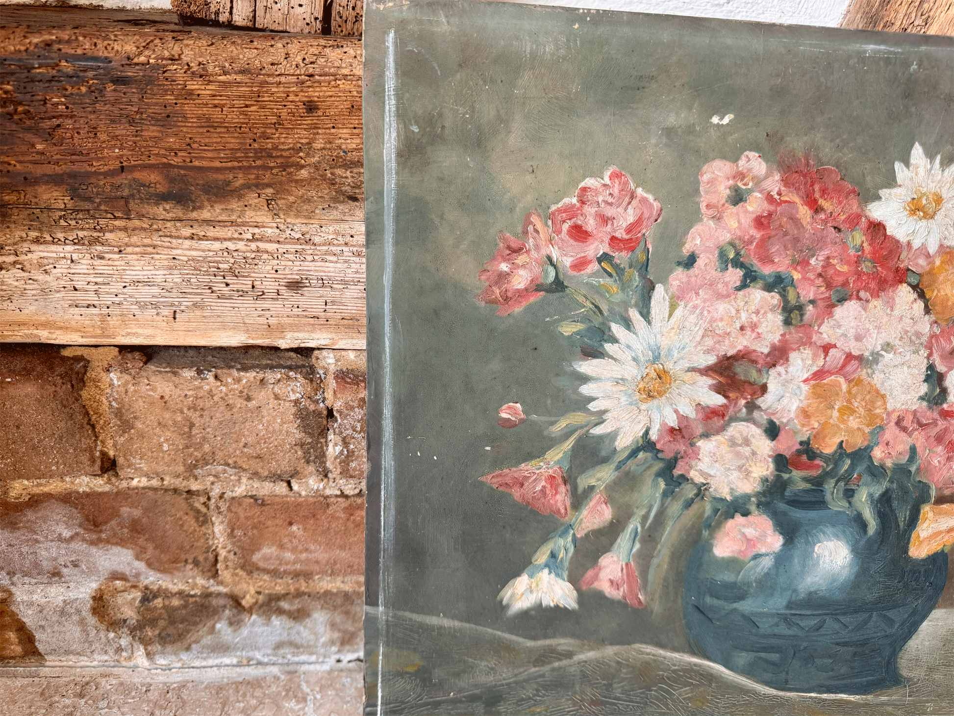 large signed antique french floral composition still life flowers blue vase sombre muted oil board