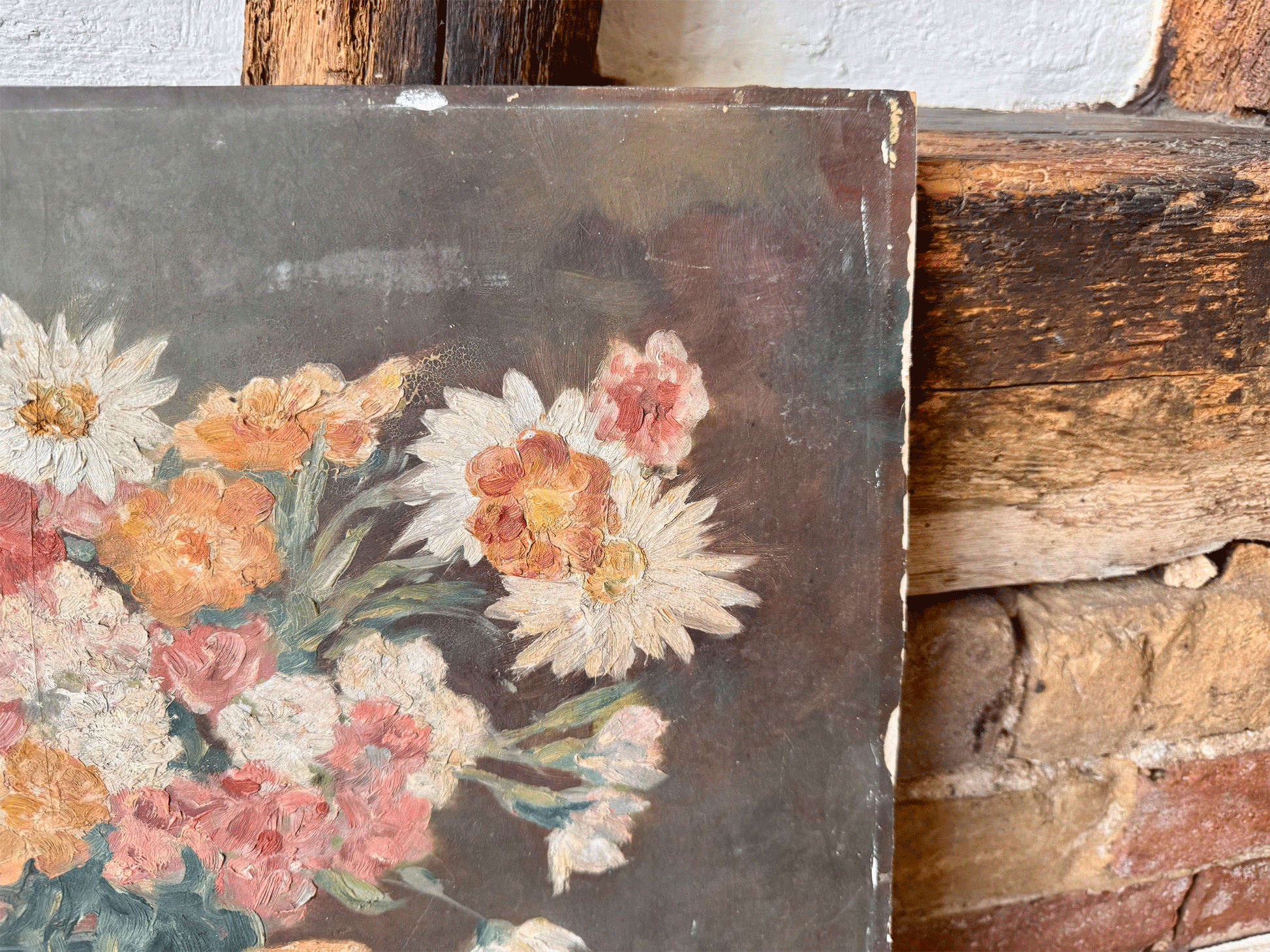 large signed antique french floral composition still life flowers blue vase sombre muted oil board