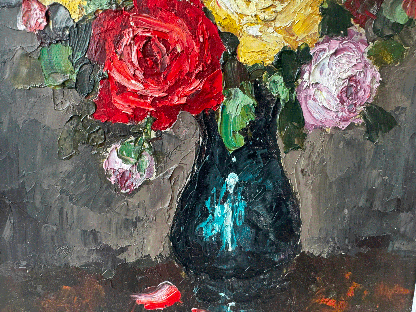 antique framed floral roses oil canvas painting signed well known artist c r puget claude roger