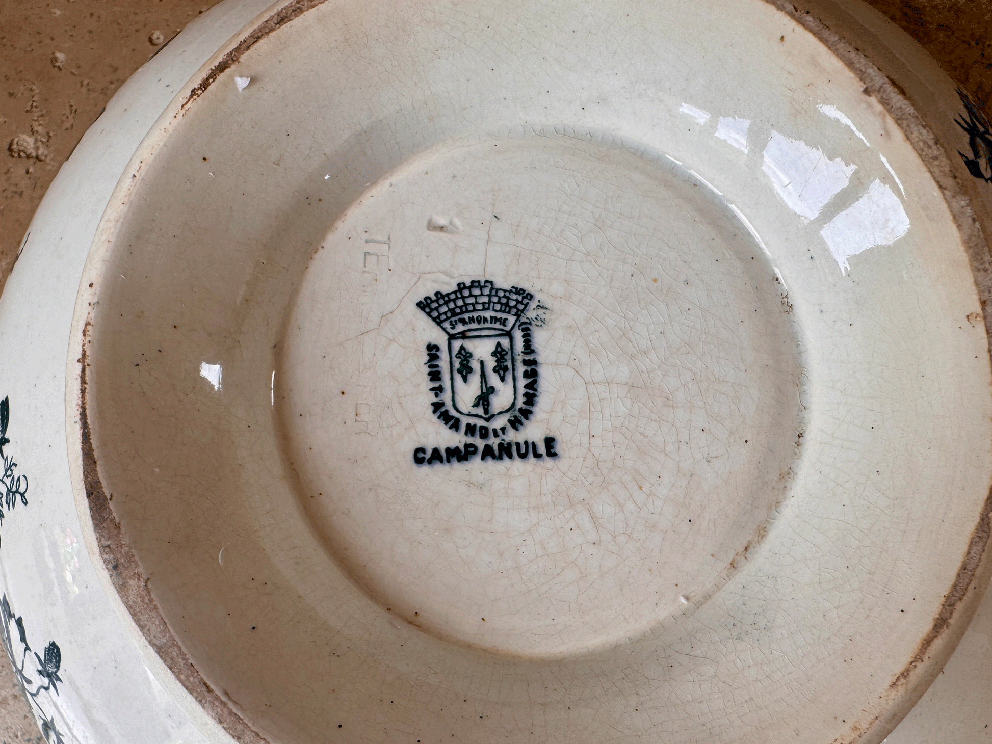 antique french campanule saint amand hamage large deep green teal transferware saladier serving salad bowl