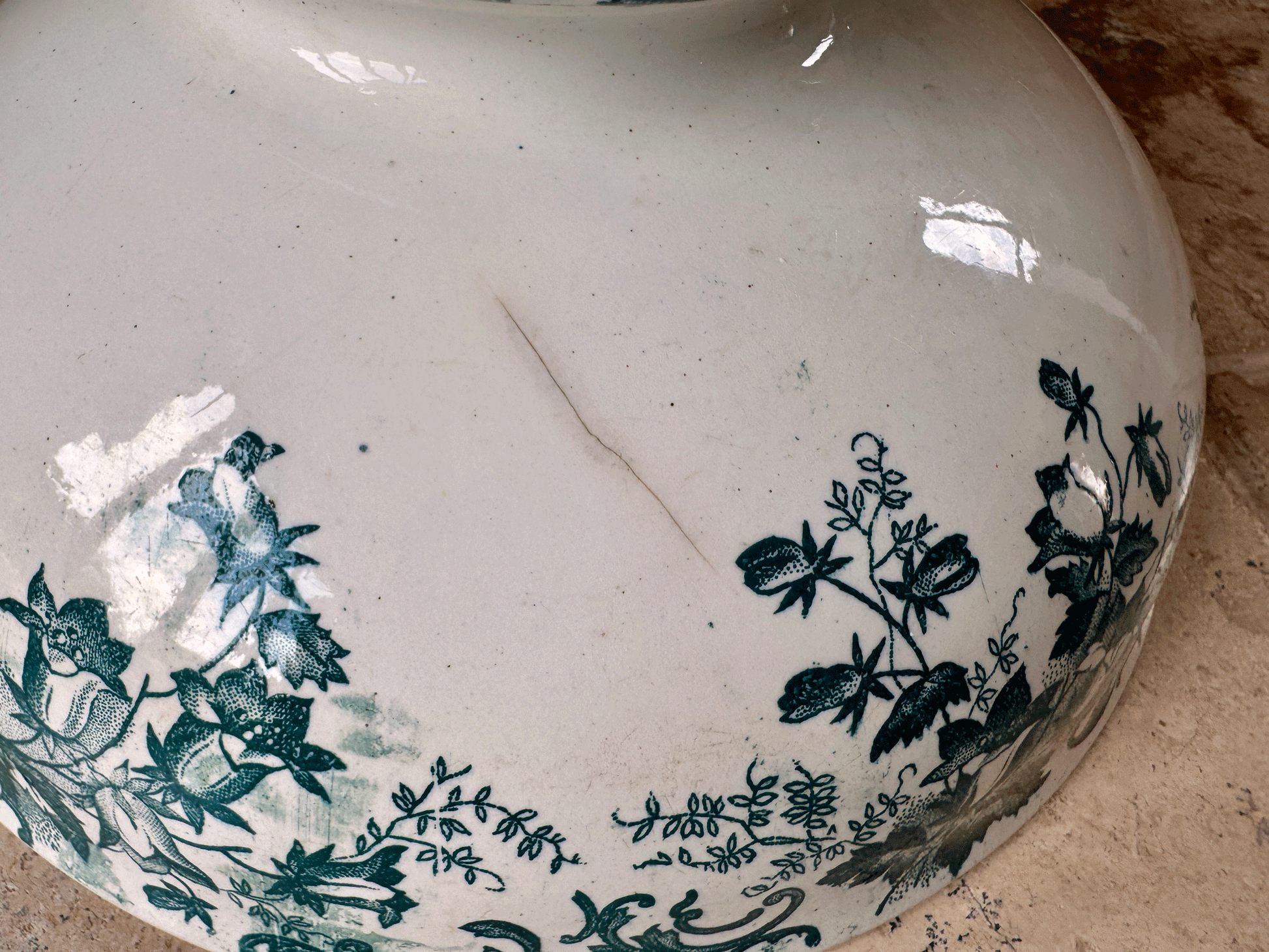 antique french campanule saint amand hamage large deep green teal transferware saladier serving salad bowl