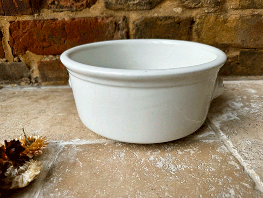 large antique french heavy white ironstone mixing bowl lion head handles