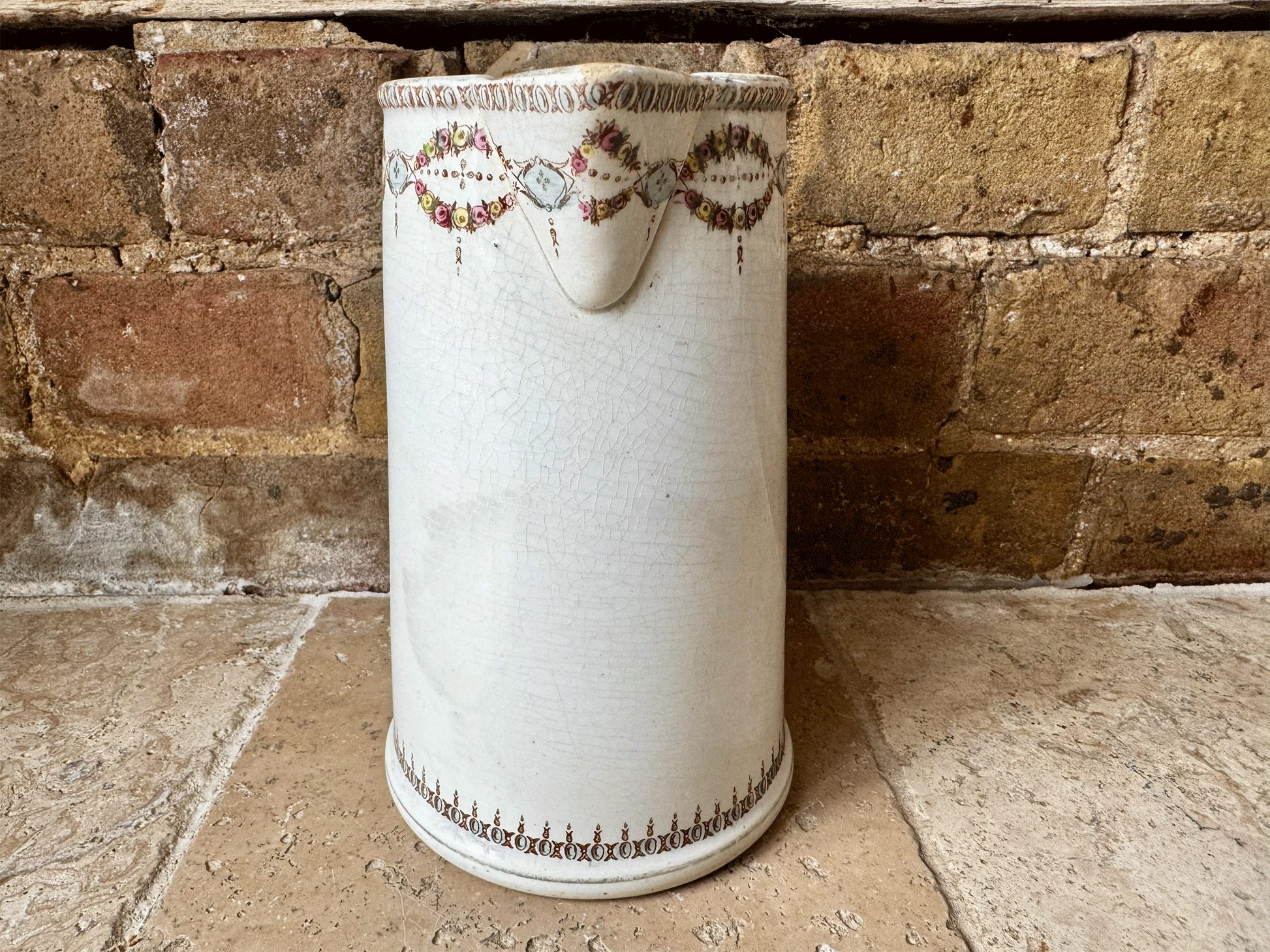 antique french ironstone water pitcher tall large jug gien pastel garland border