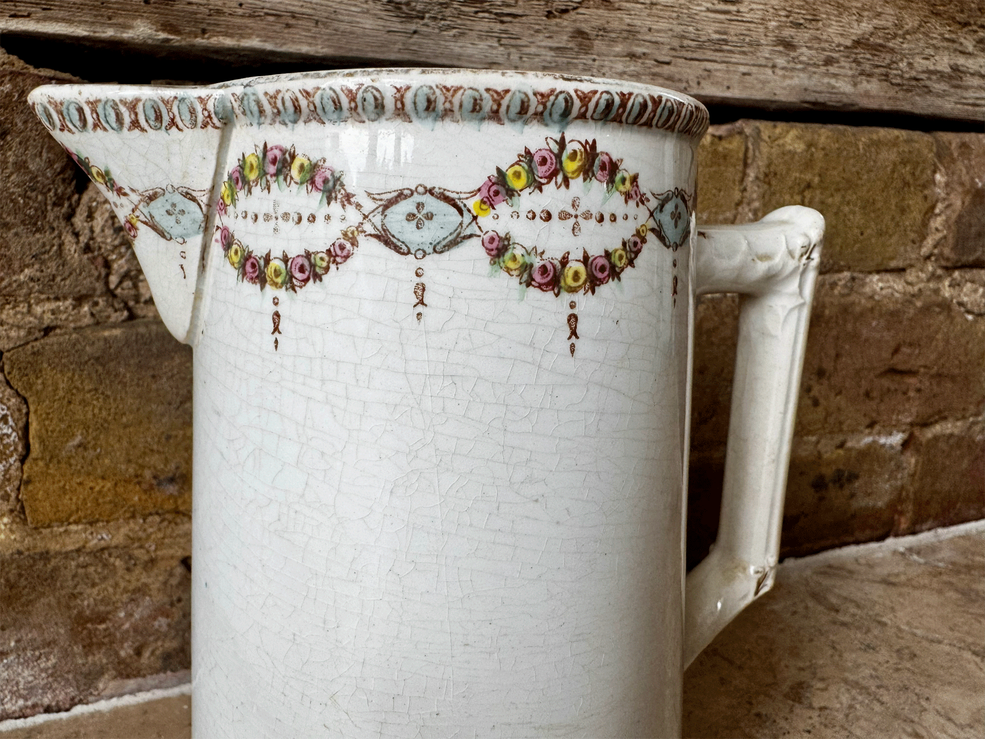 antique french ironstone water pitcher tall large jug gien pastel garland border