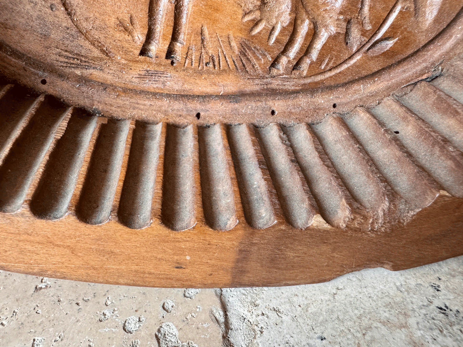 antique french large wooden treen carved butter brick mould grazing cow floral garland decoration