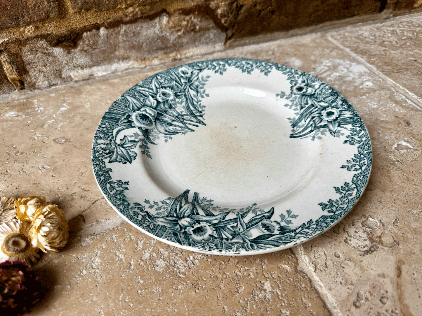 antique french st amand terre de fer lebacqz bouchart teal ironstone side plate narcisses