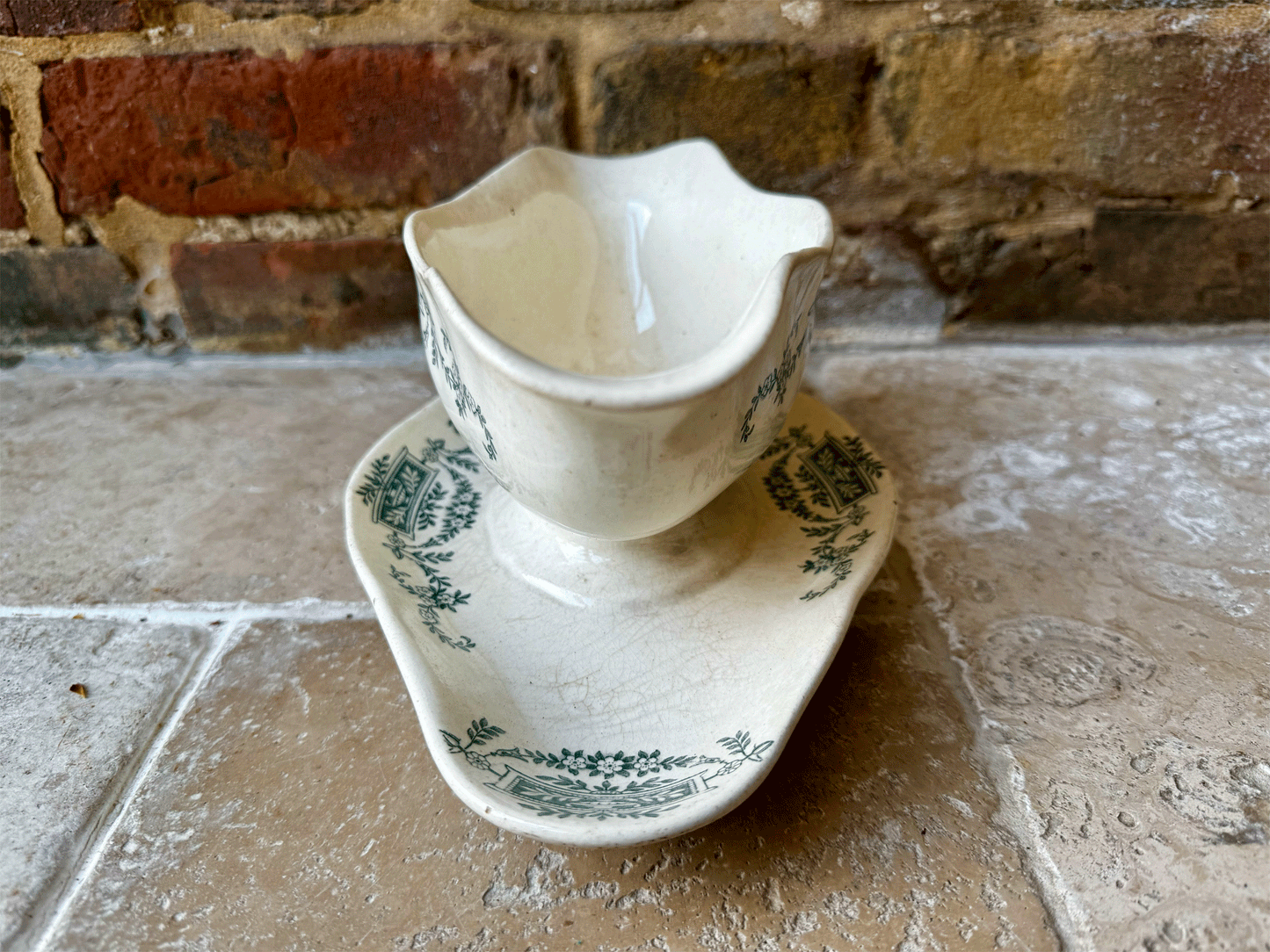 Antique 19th Century Green Transferware Saucier by Terre de Fer