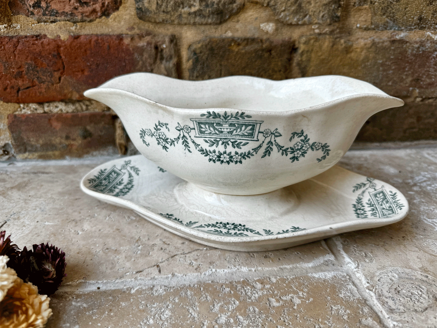 antique 19th century french terre de fer longchamp ironstone saucier dish green transferware