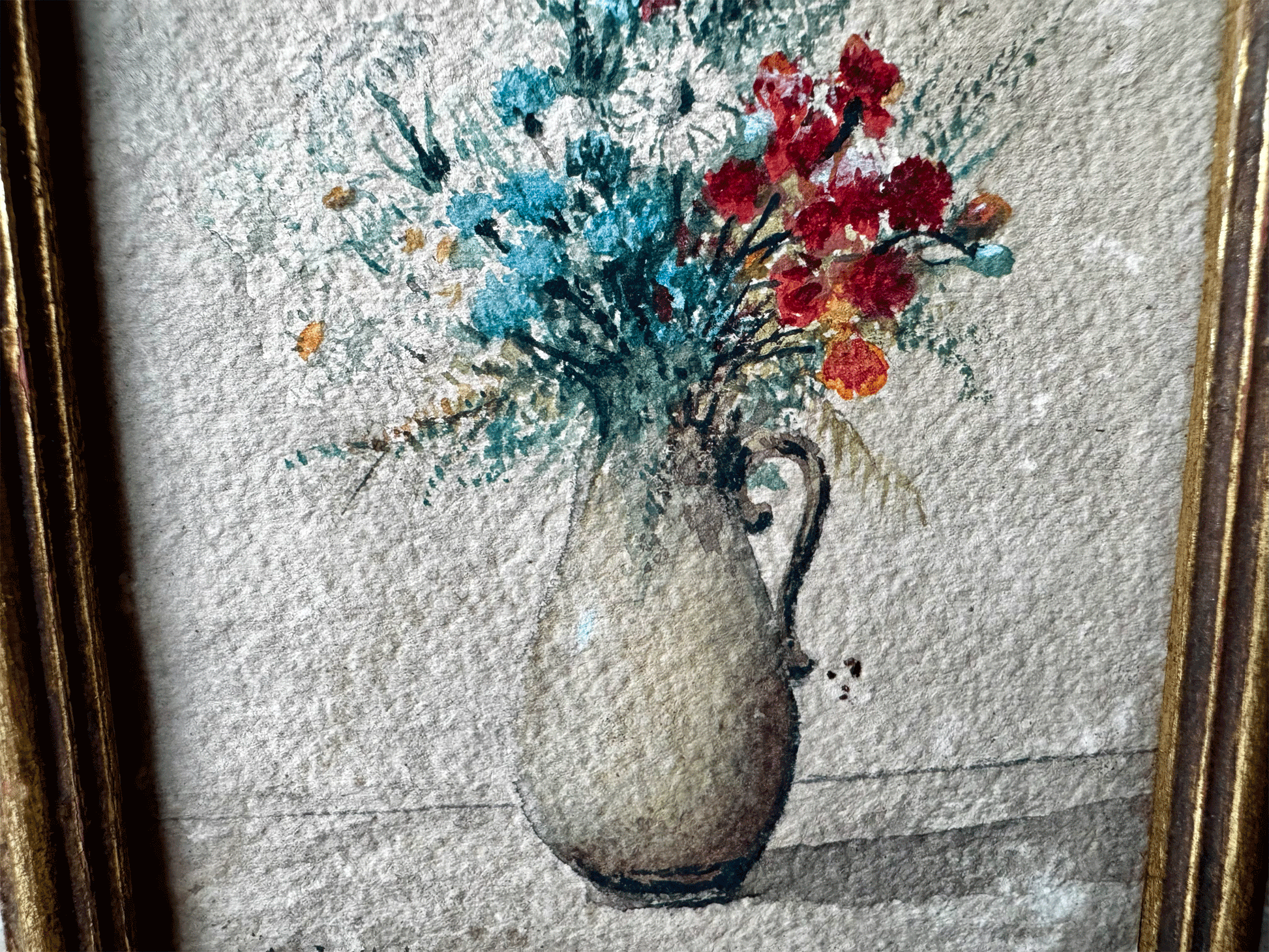 small miniature antique french watercolour painting signed dated floral vase still life