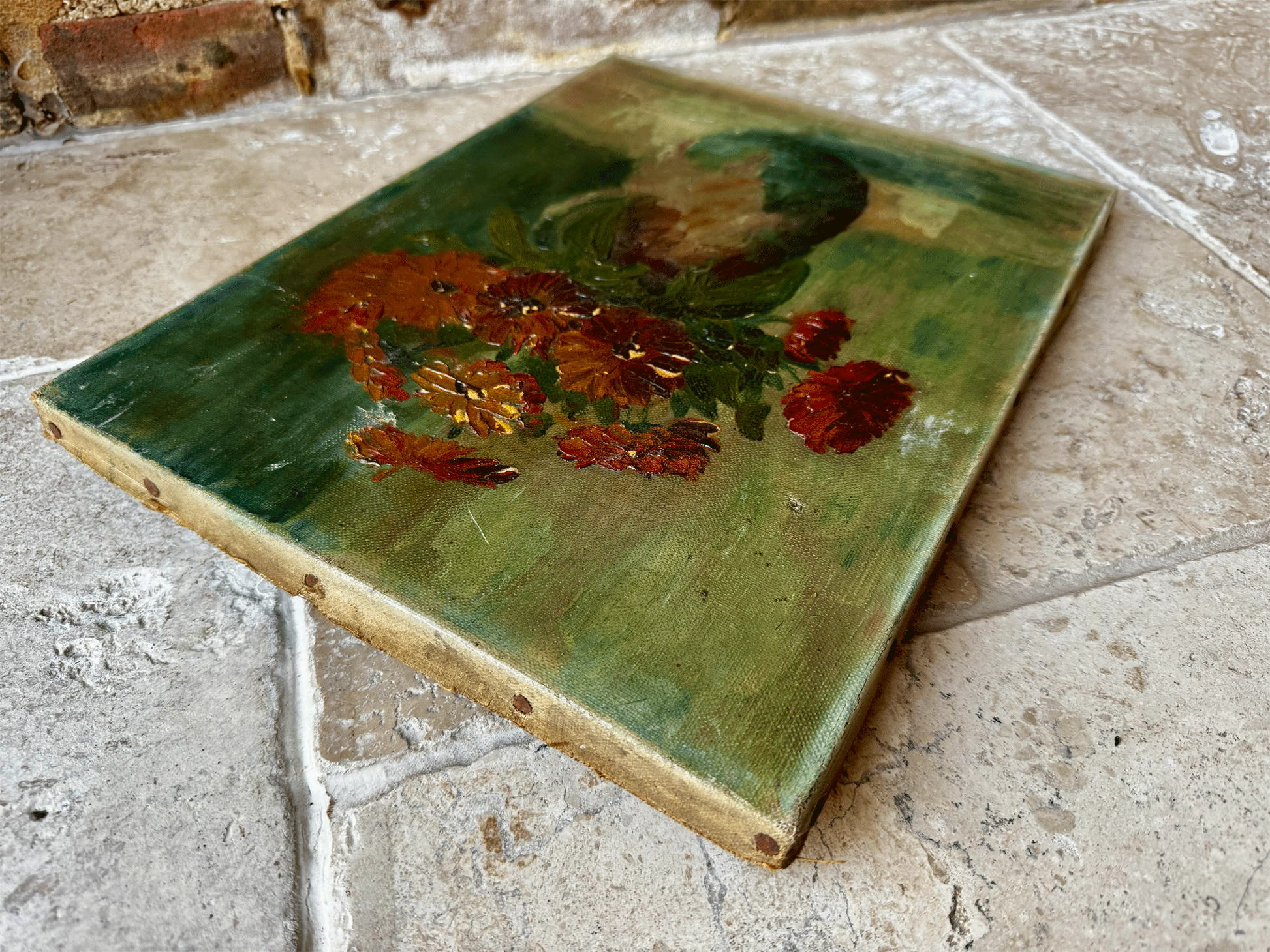 antique french floral still life vase flowers oil canvas impasto moody tones hues