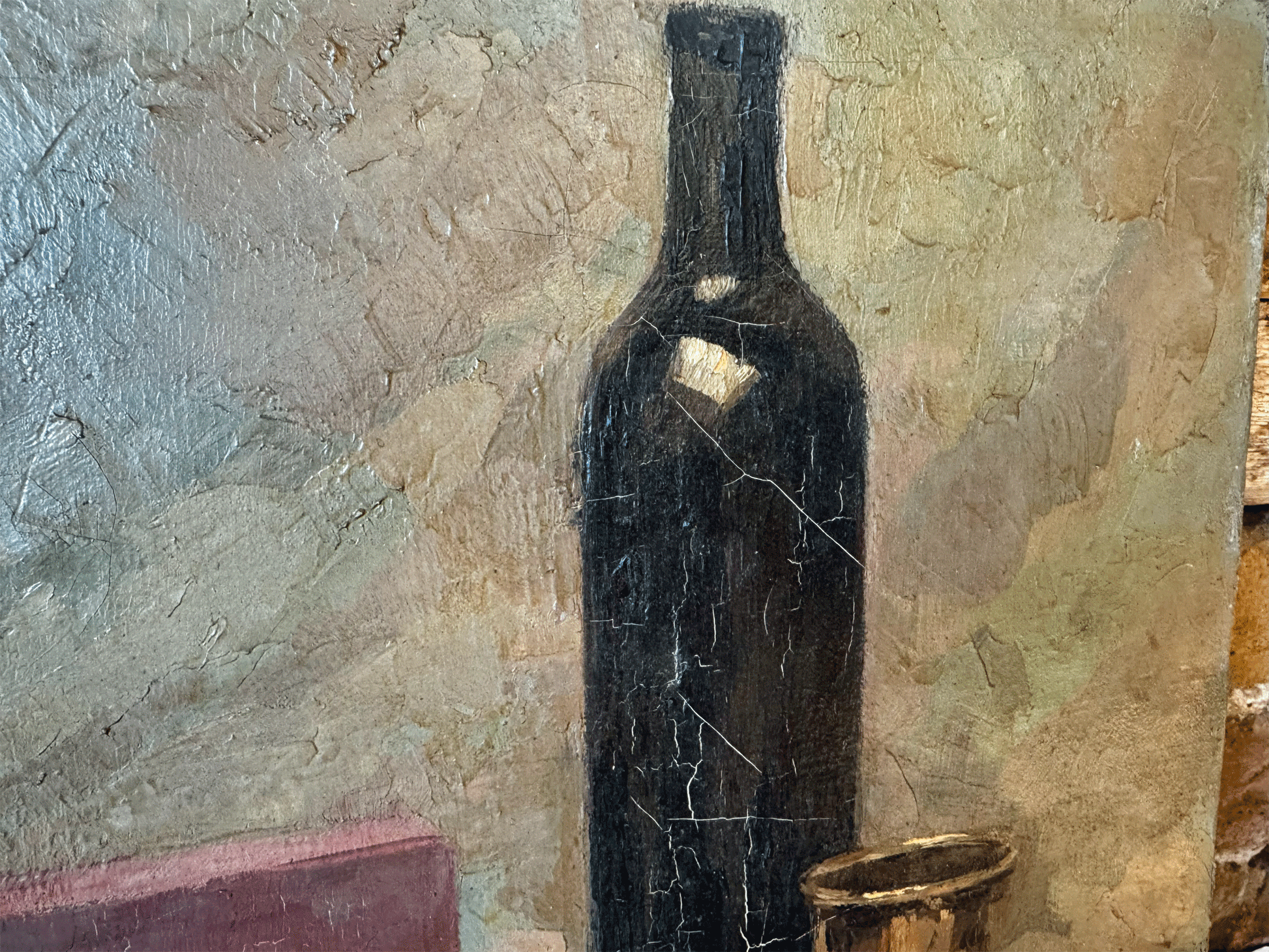 antique french kitchen still life oil canvas signed rustic stoneware bottles