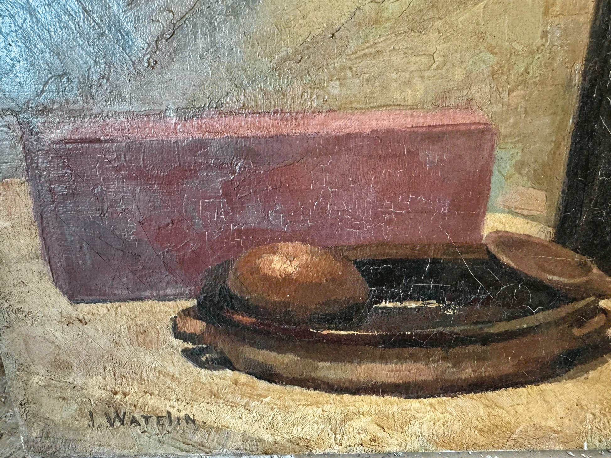 antique french kitchen still life oil canvas signed rustic stoneware bottles