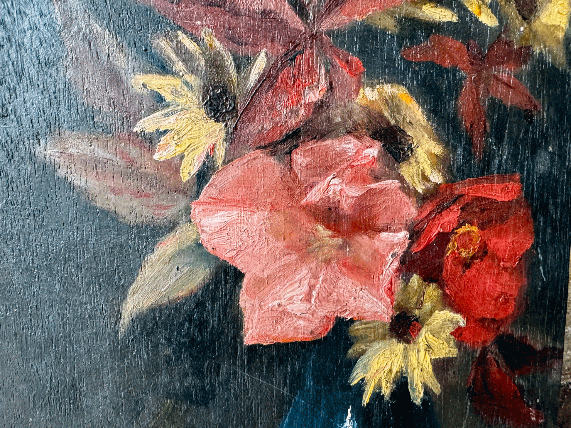 antique french oil painting on board still life floral composition vase flowers