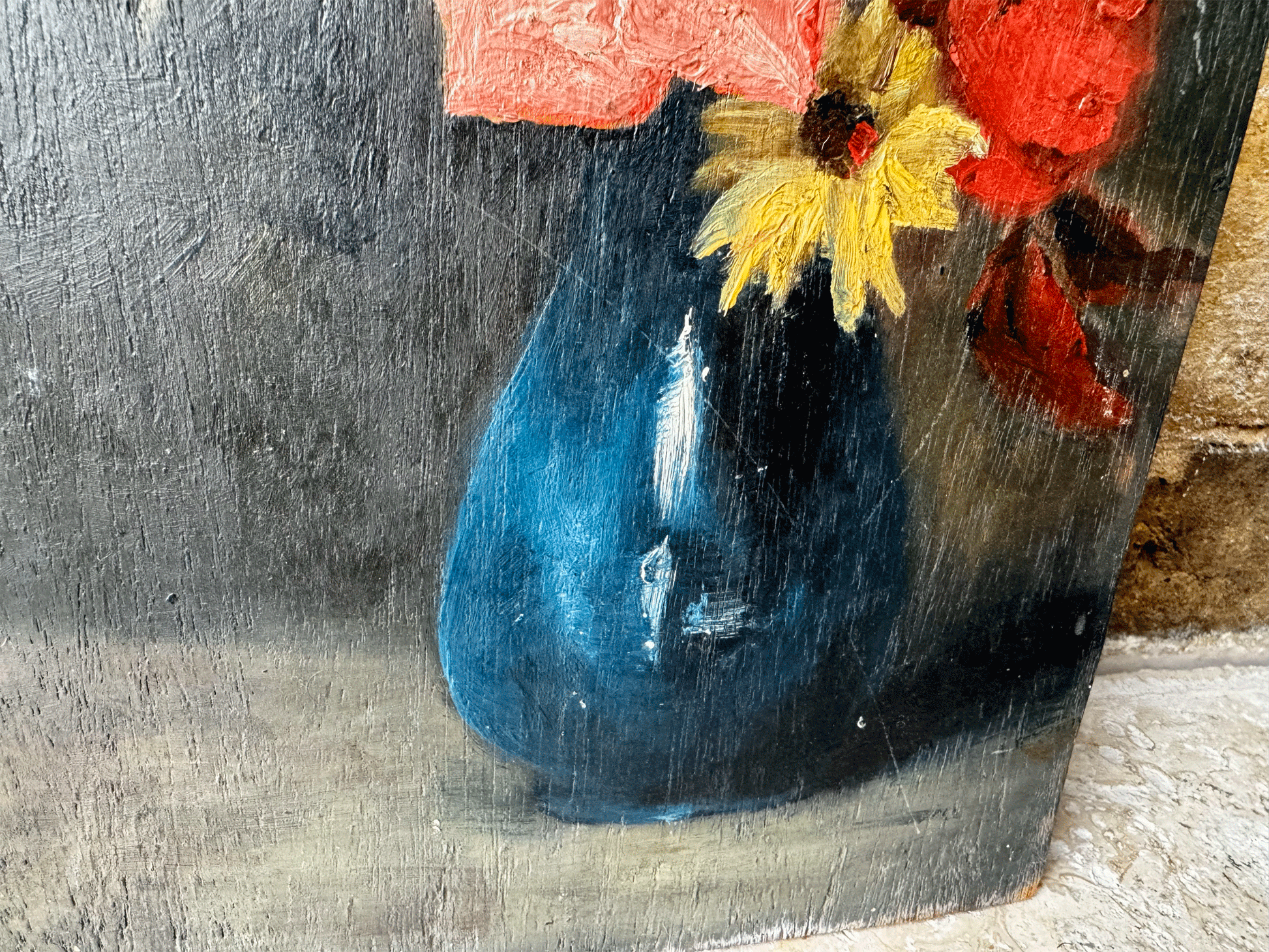 antique french oil painting on board still life floral composition vase flowers