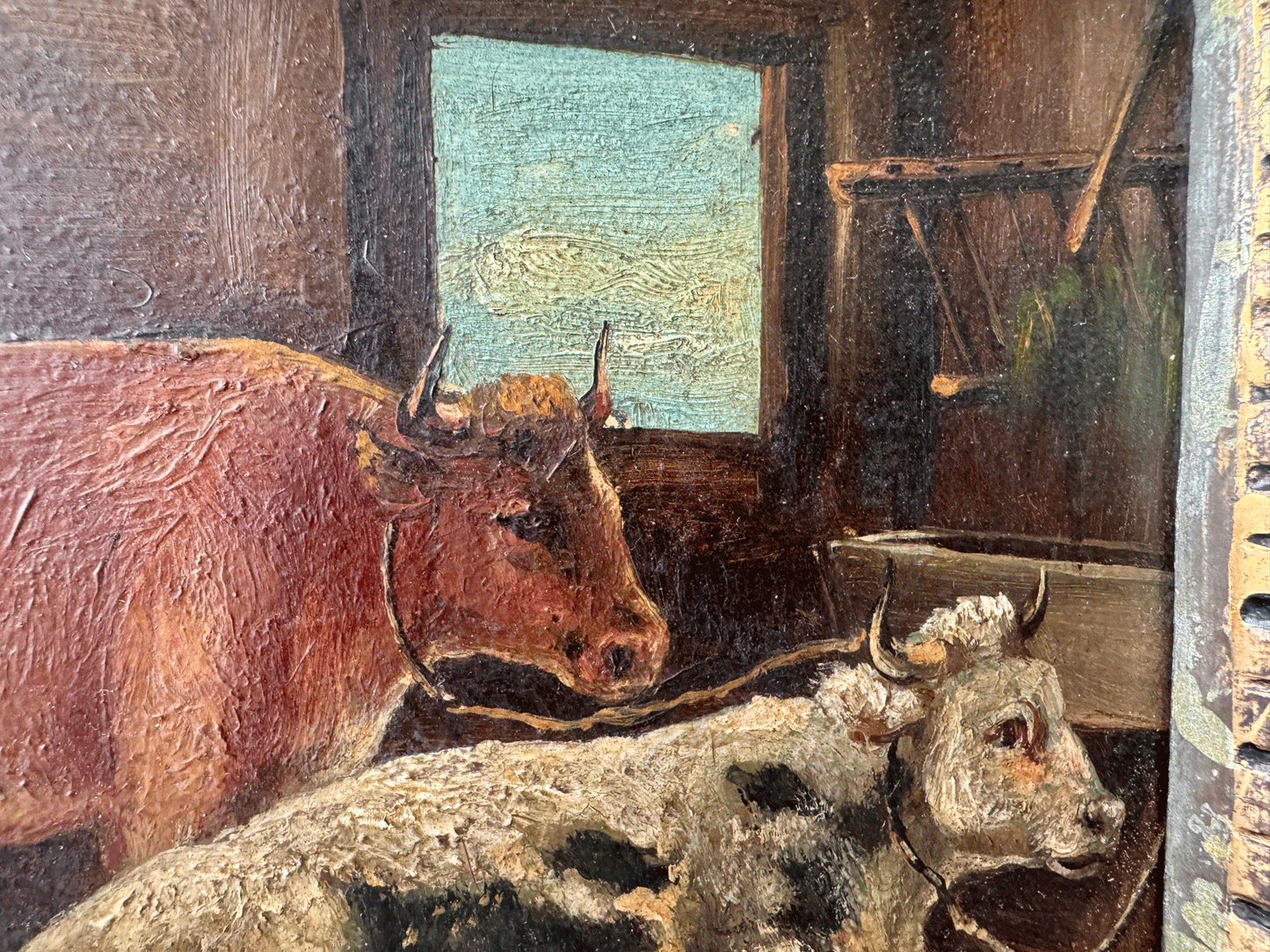 antique french framed oil painting faryard village country scene cows cowshed