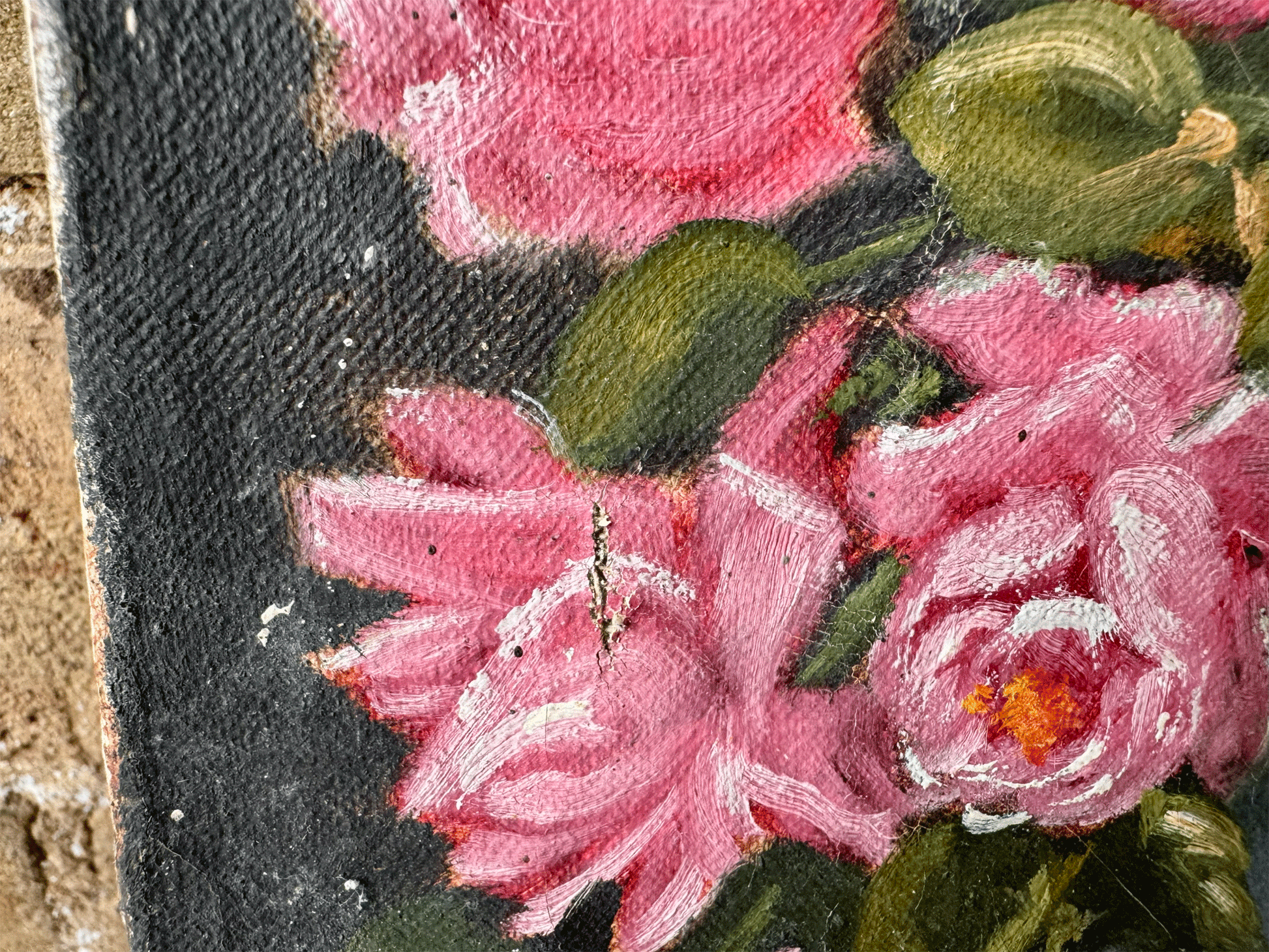 vintage french signed oil painting pink roses blue vase florals 