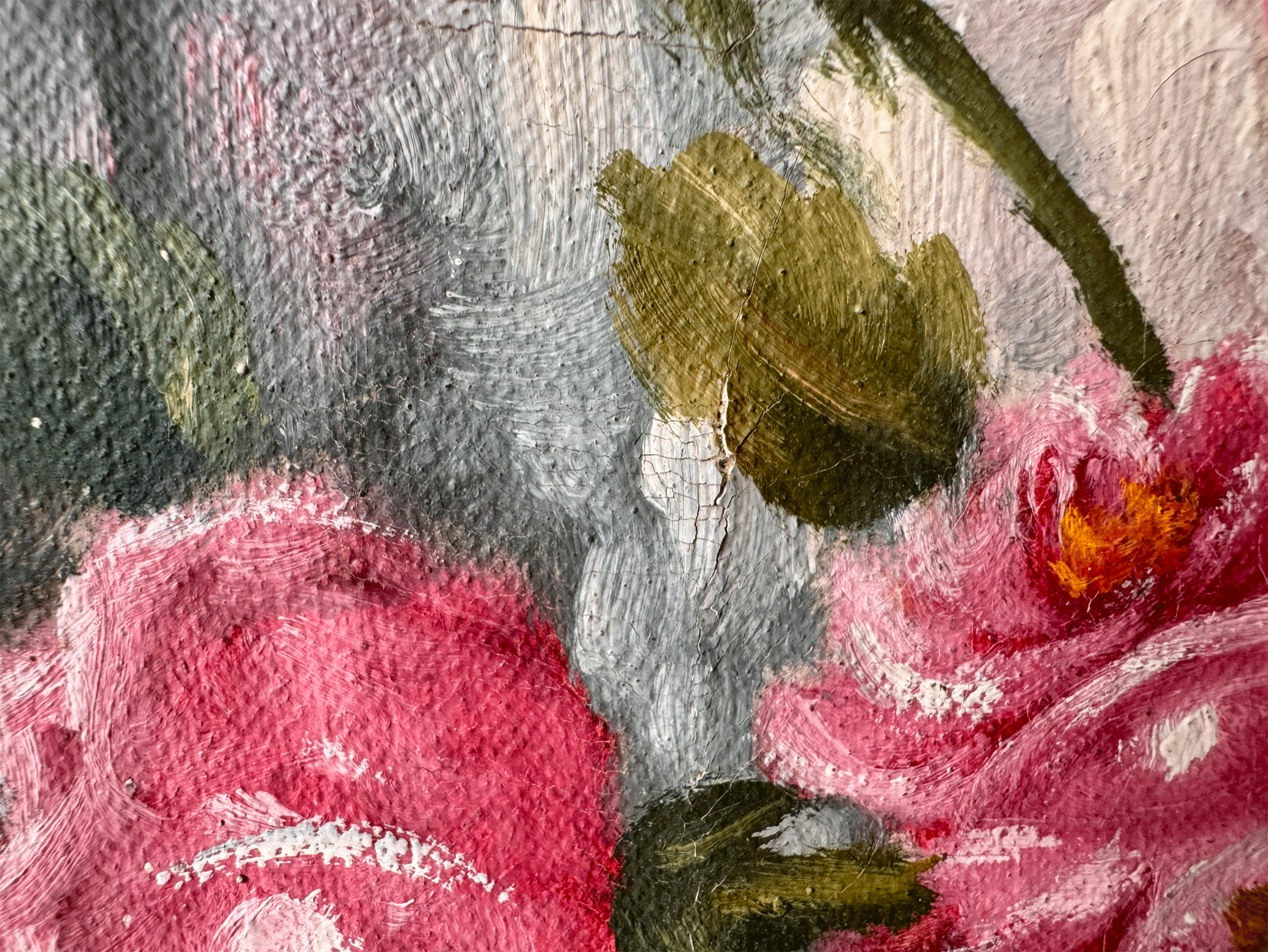 vintage french signed oil painting pink roses blue vase florals 