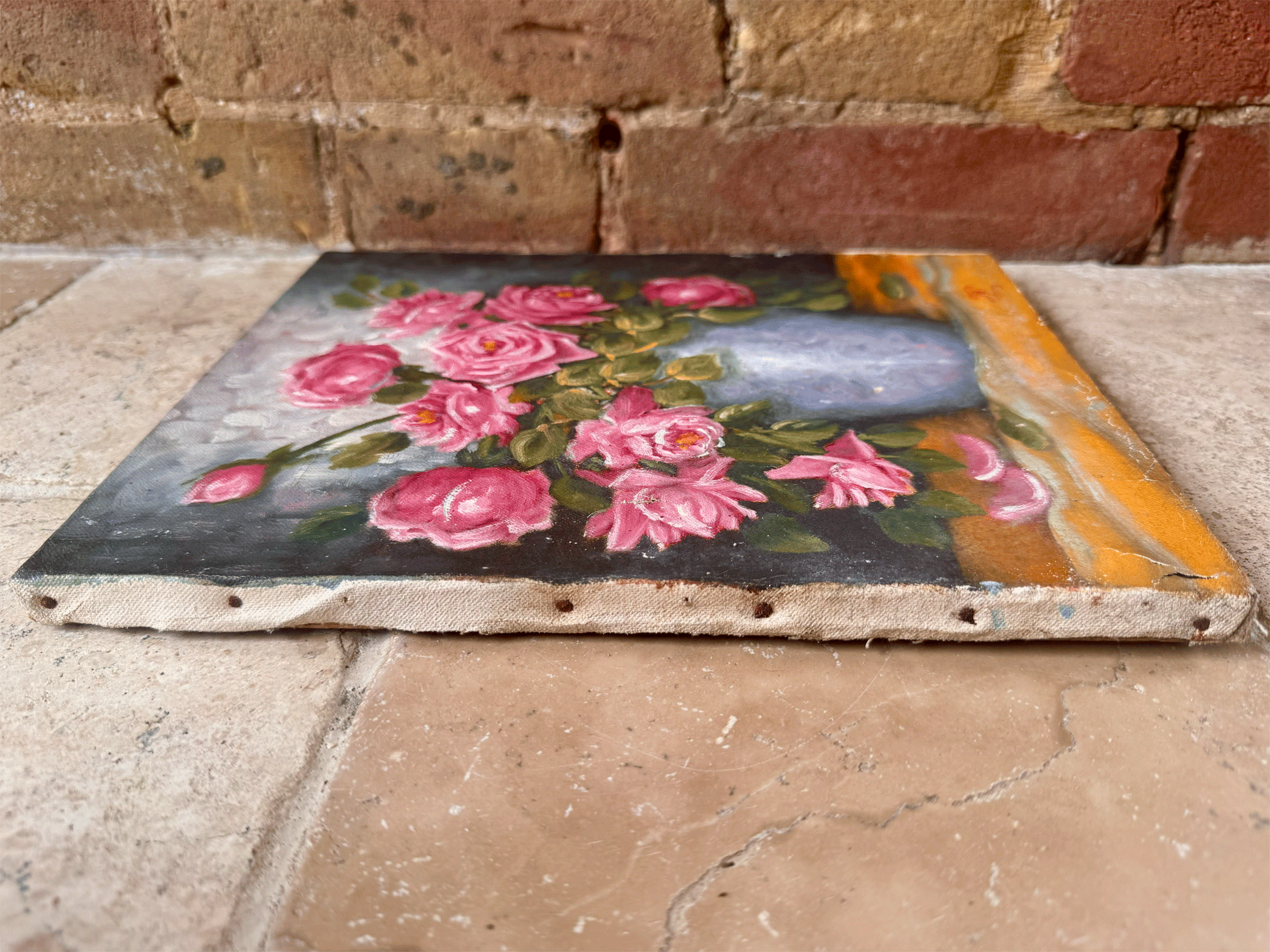 vintage french signed oil painting pink roses blue vase florals 