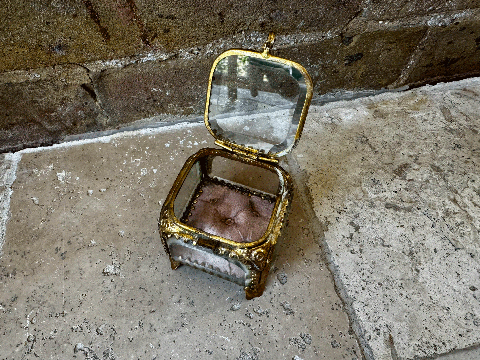 antique french 19th century ormolu bevelled glass punk cushion jewel trinket jewellery casket box