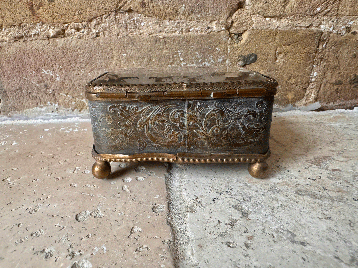 antique french ormolu jewel casket pink silk lining bevel edged glass etched grapevine