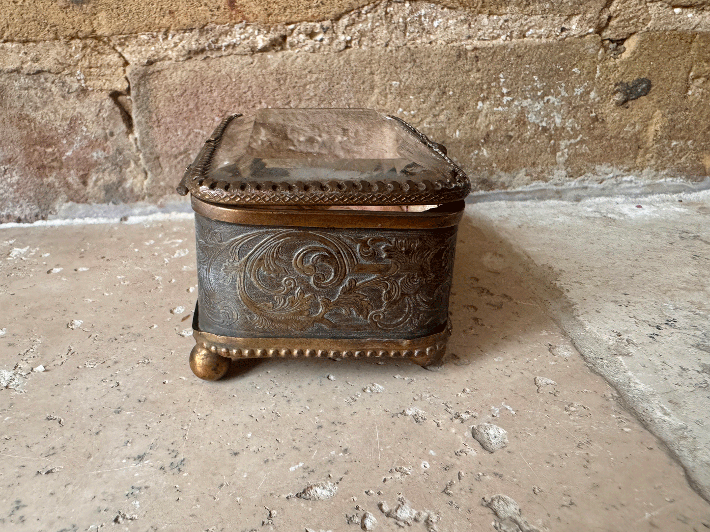 antique french ormolu jewel casket pink silk lining bevel edged glass etched grapevine