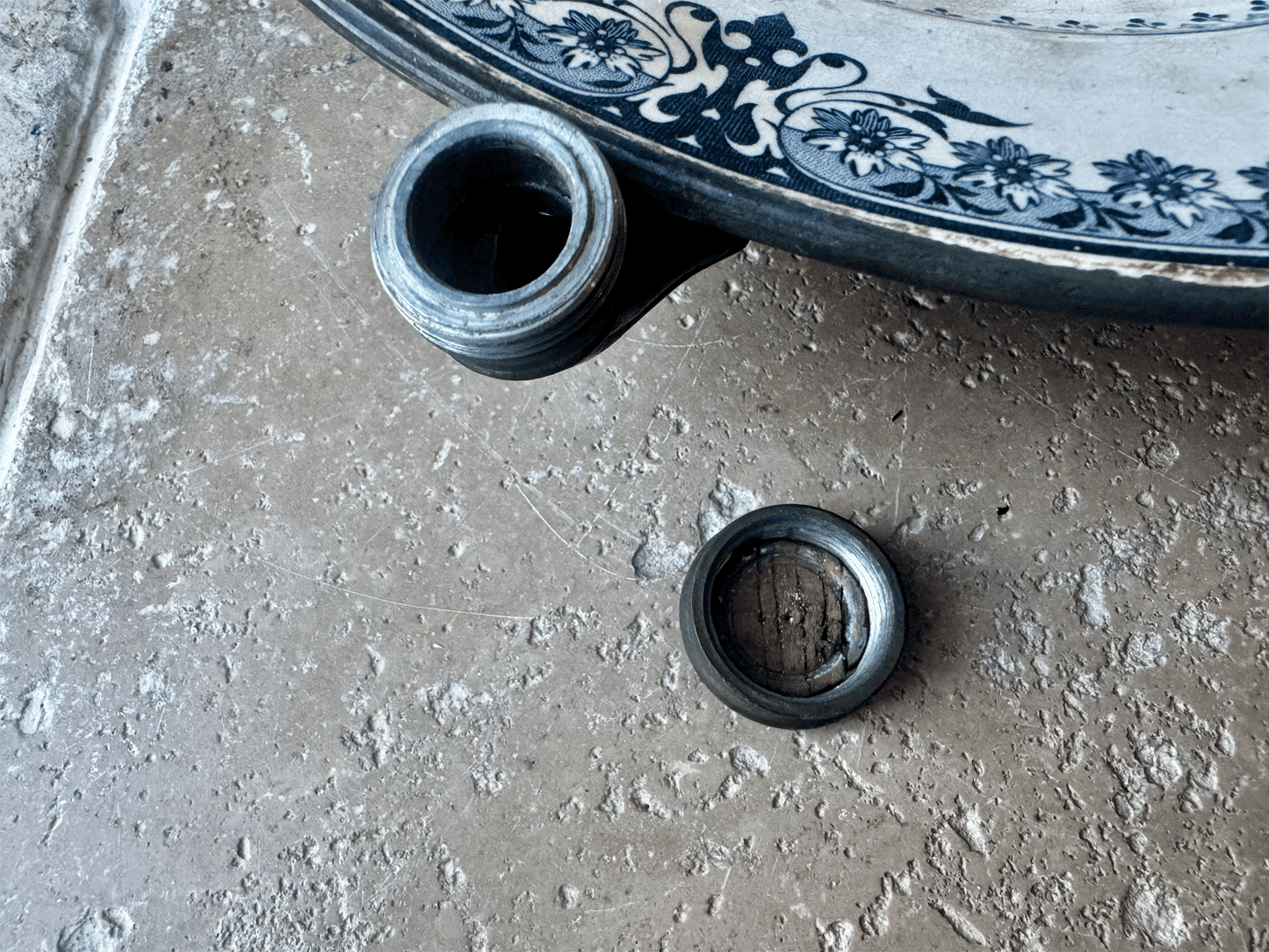 antique french rare blue transferware terre de fer ironstone warming plate platter pewter base